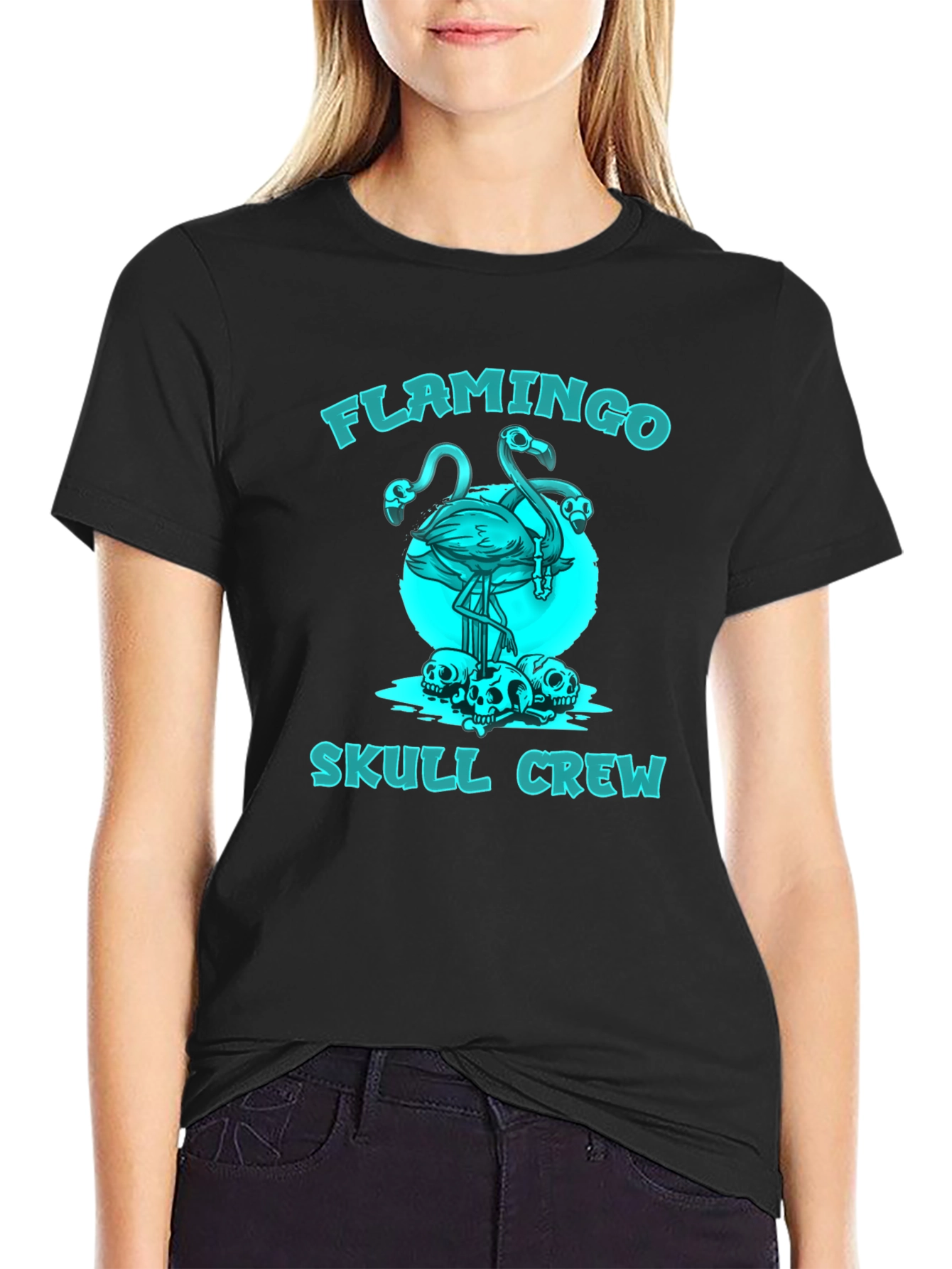 Flamingo Skull Crew Graphic T-Shirt - Black