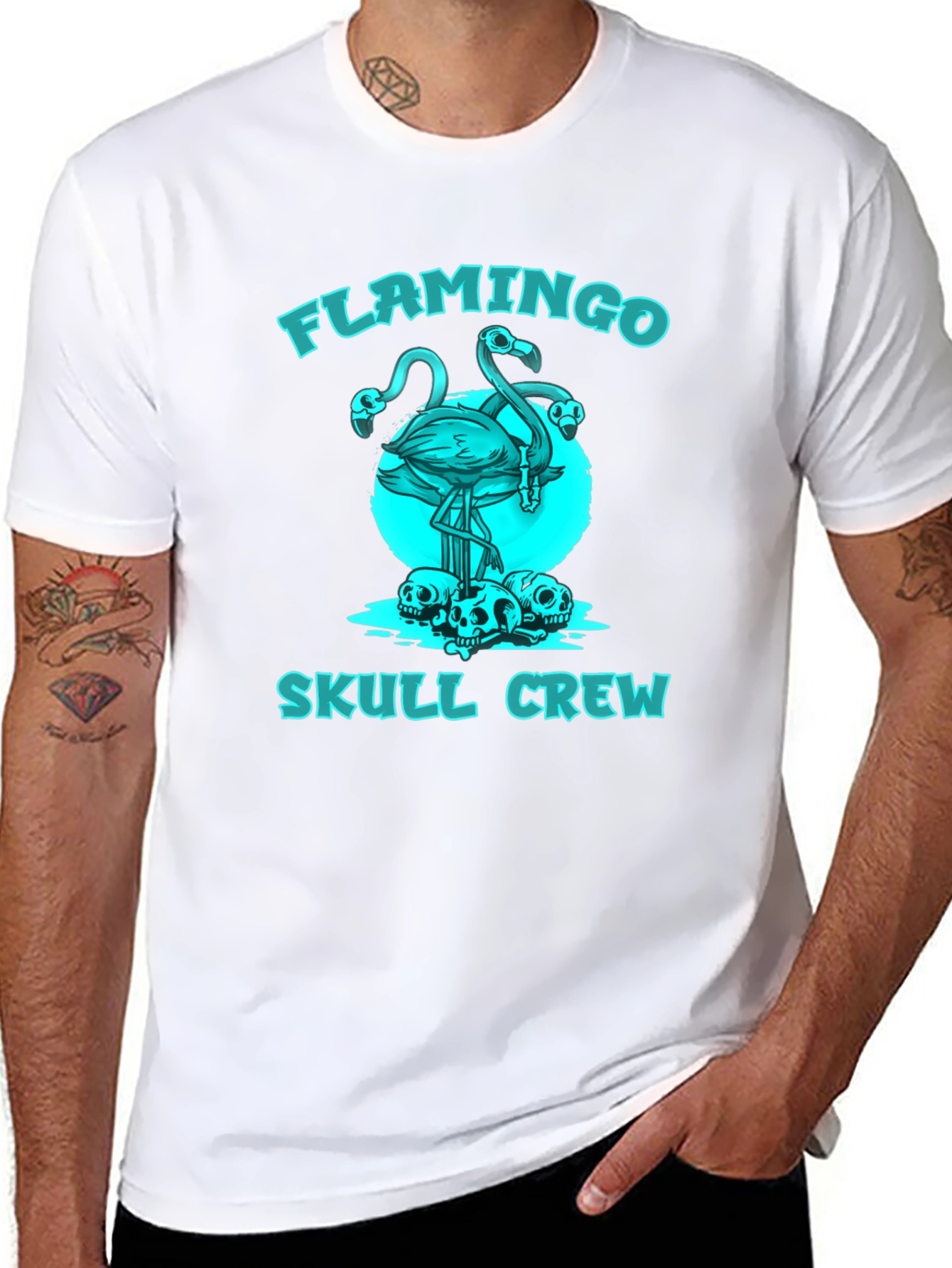Flamingo Skull Crew Graphic T-Shirt - Black