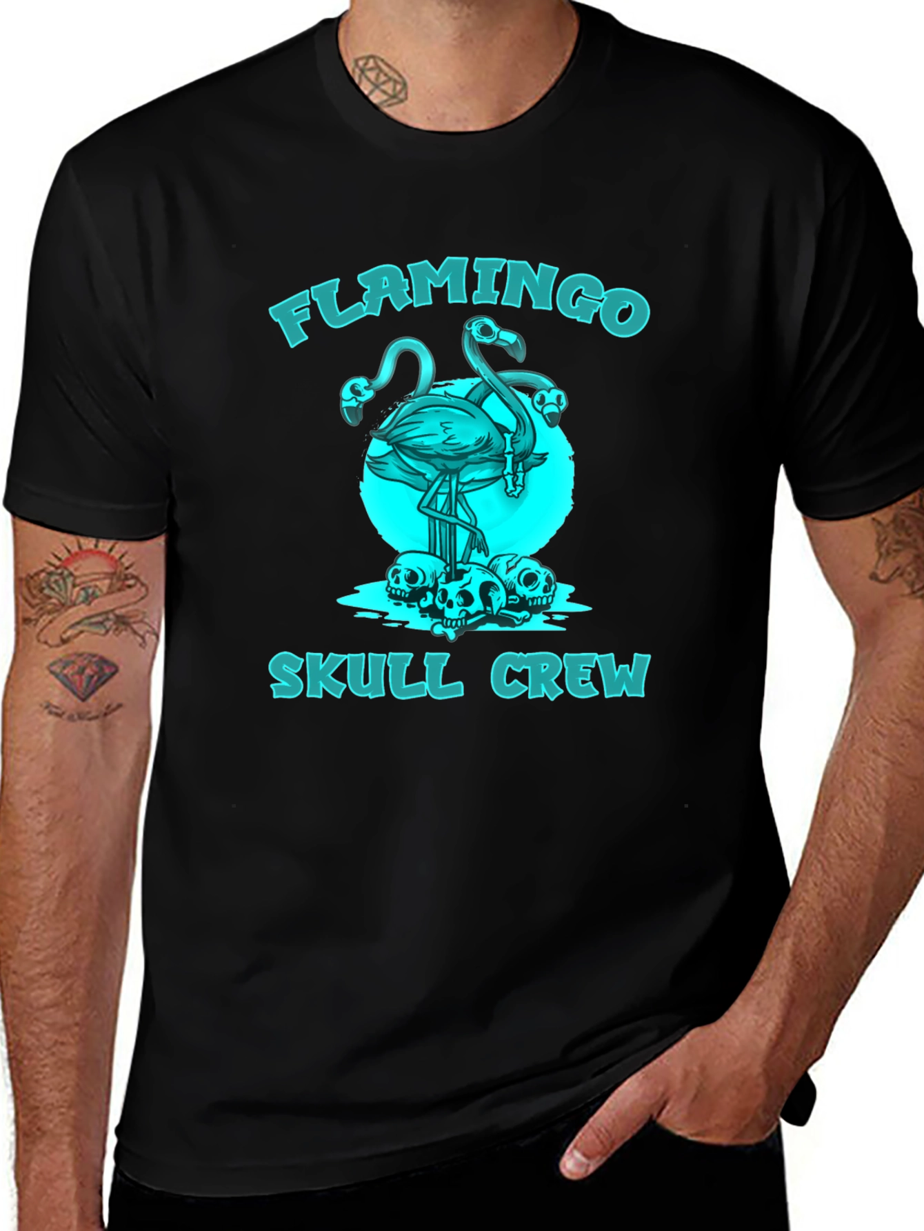 Flamingo Skull Crew Graphic T-Shirt - Black