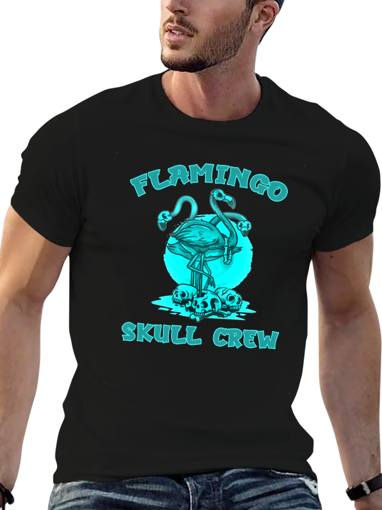 Flamingo Skull Crew Graphic T-Shirt - Black