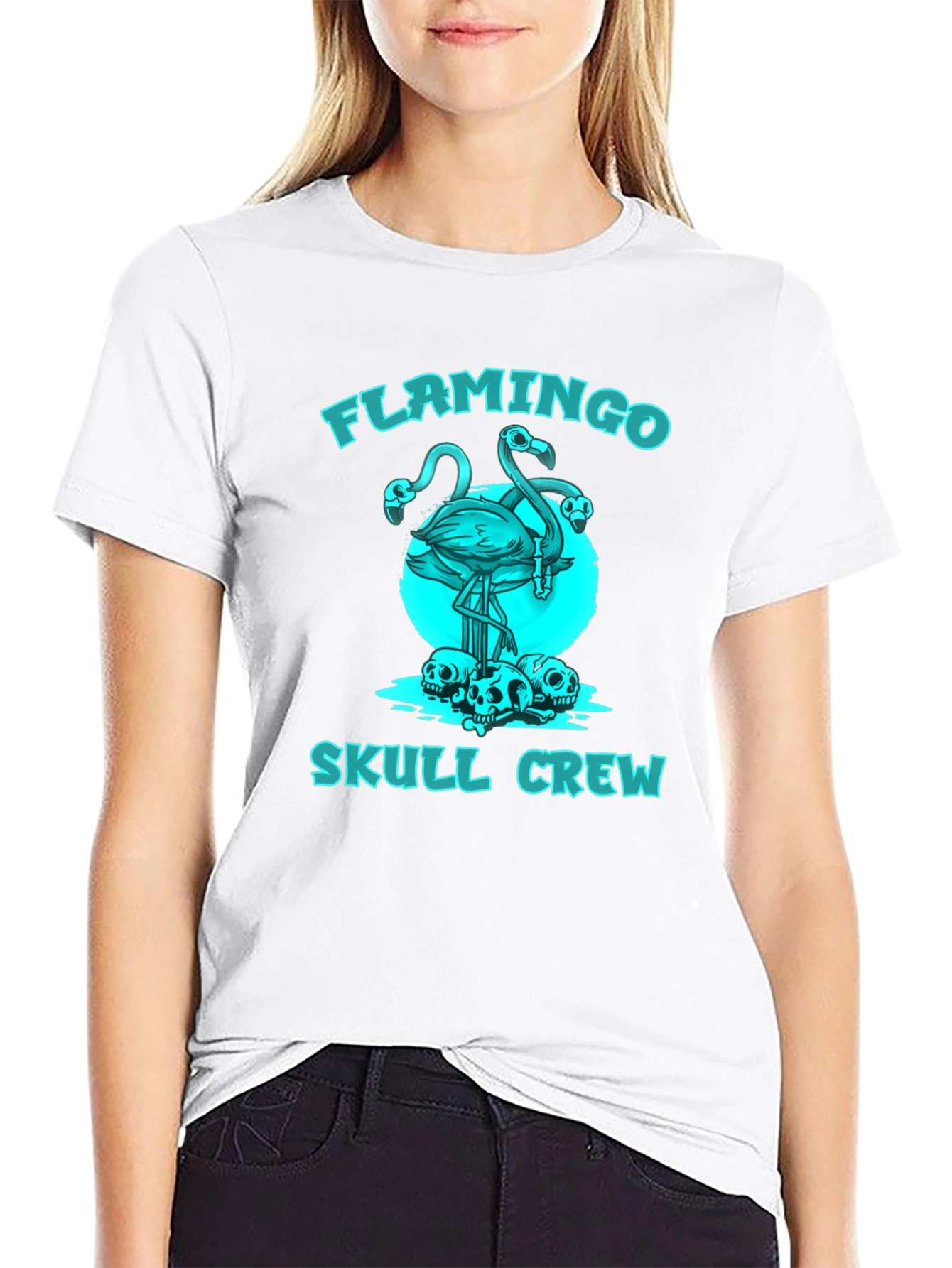 Flamingo Skull Crew Graphic T-Shirt - Black