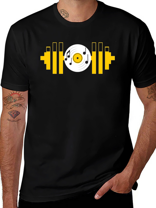 Music Gym T-Shirt: Black Tee with Dumbbell Vinyl Graphic