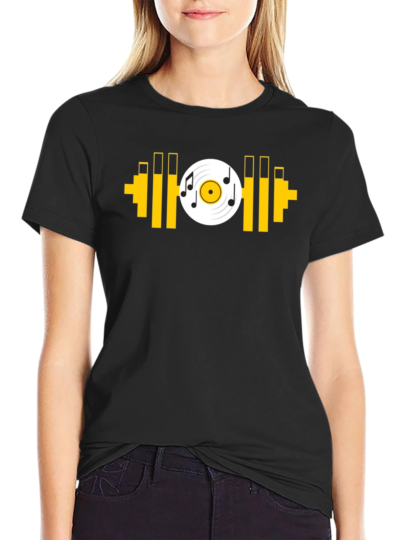 Music Gym T-Shirt: Black Tee with Dumbbell Vinyl Graphic