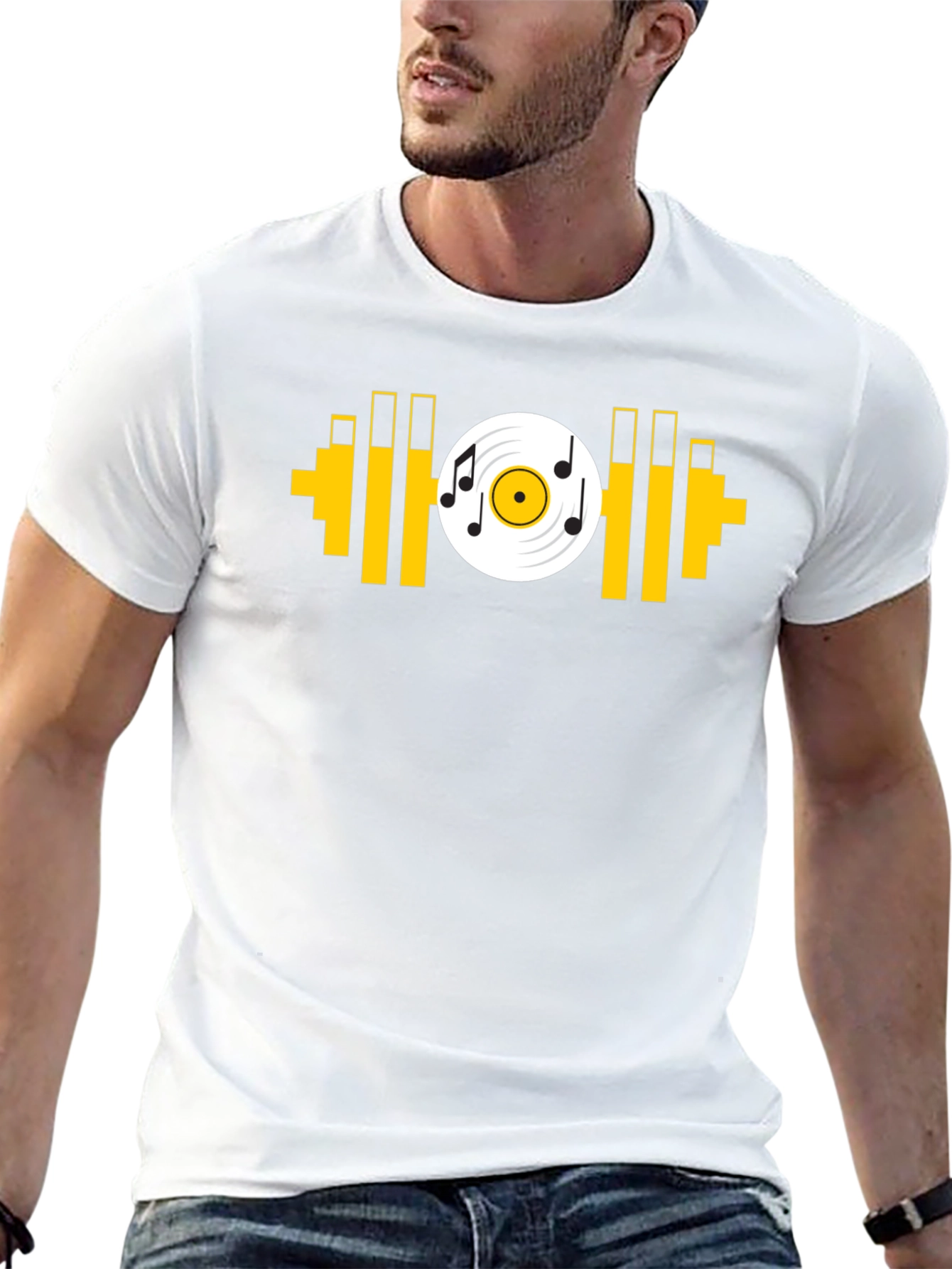 Music Gym T-Shirt: Black Tee with Dumbbell Vinyl Graphic