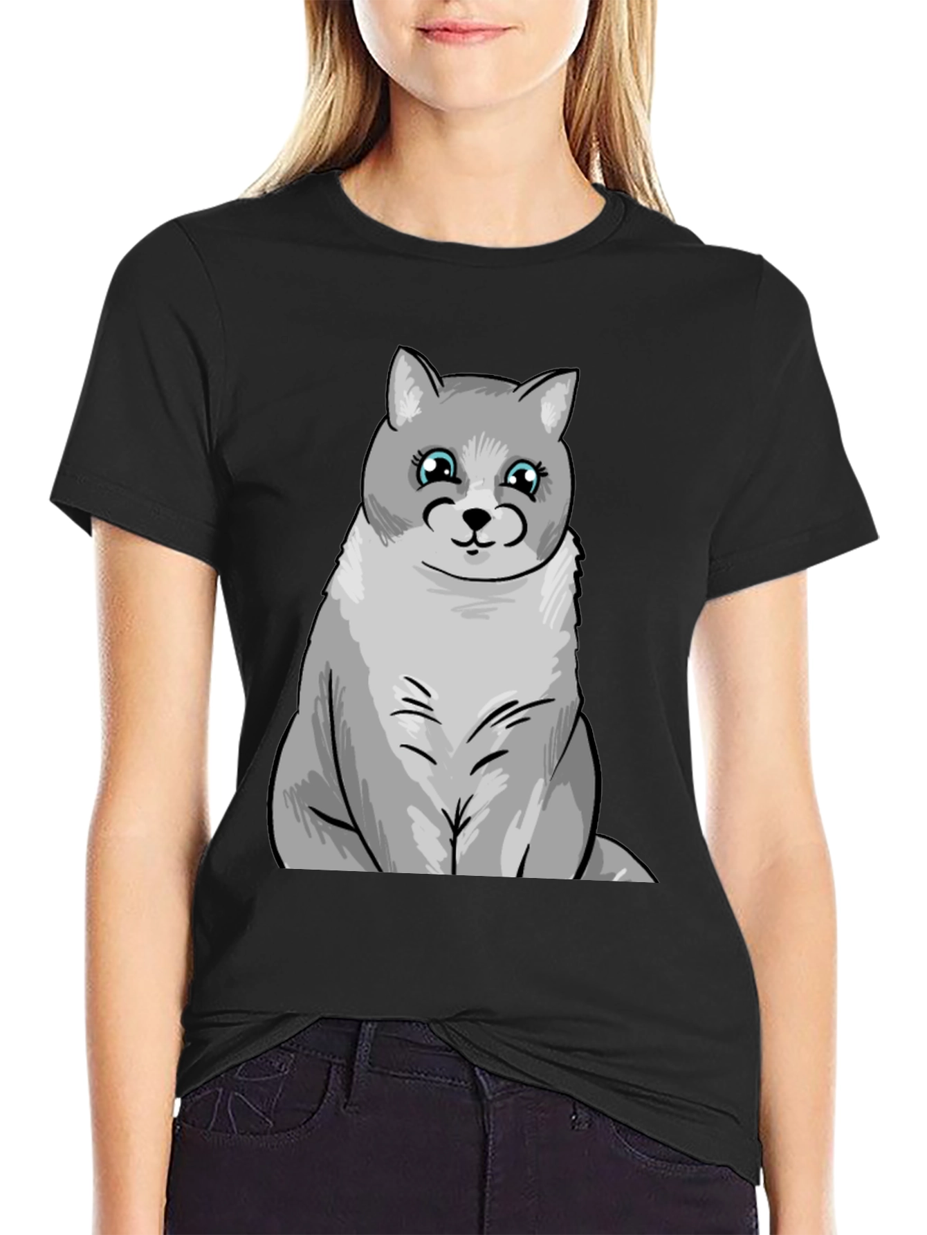 Cute Cartoon Cat T-Shirt - Black Unisex Tee