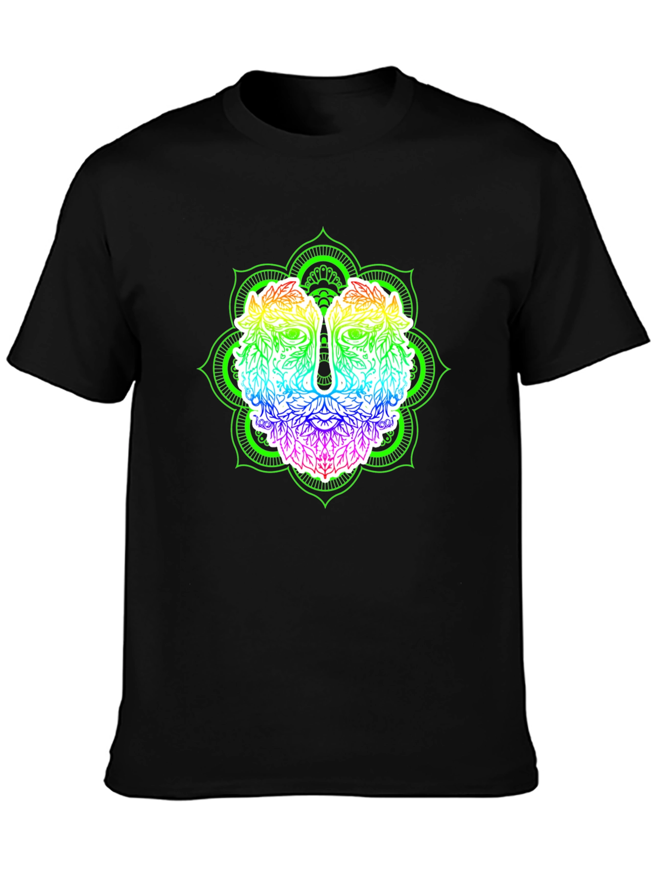 Rainbow Green Man Mandala Black T-Shirt