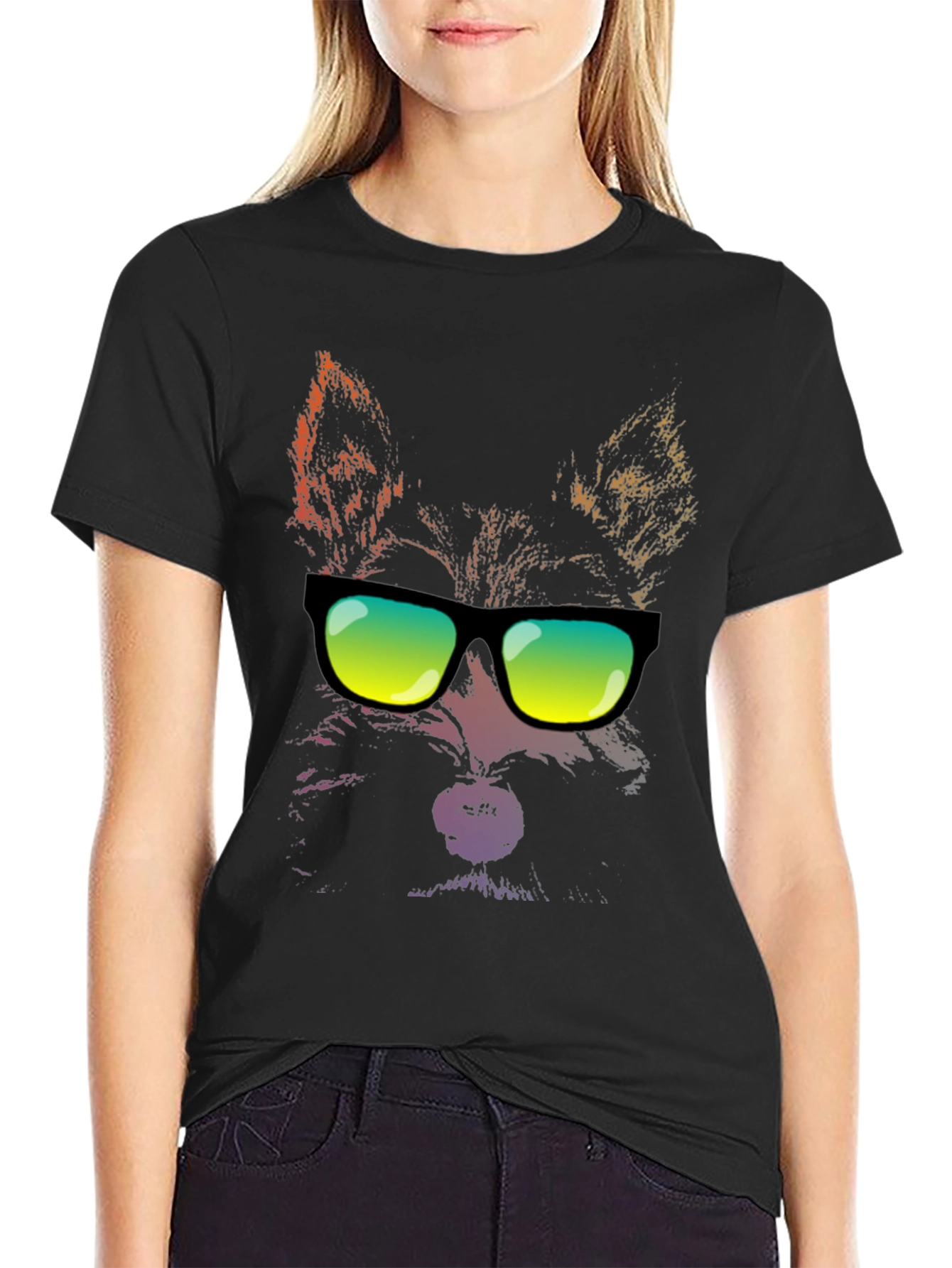 Cool Cat Sunglasses Graphic T-Shirt - Black