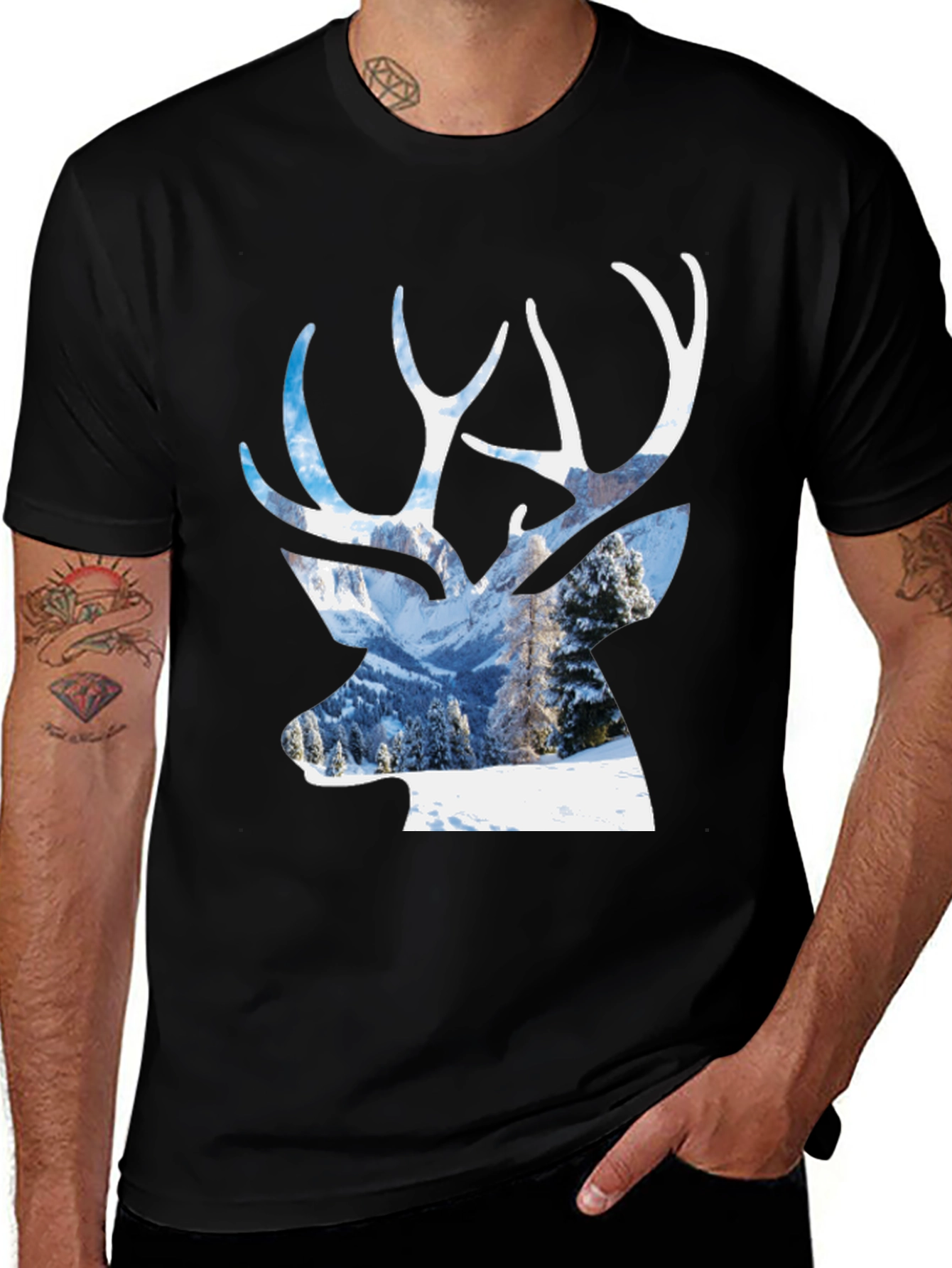 Deer Silhouette Winter Scene Graphic T-Shirt