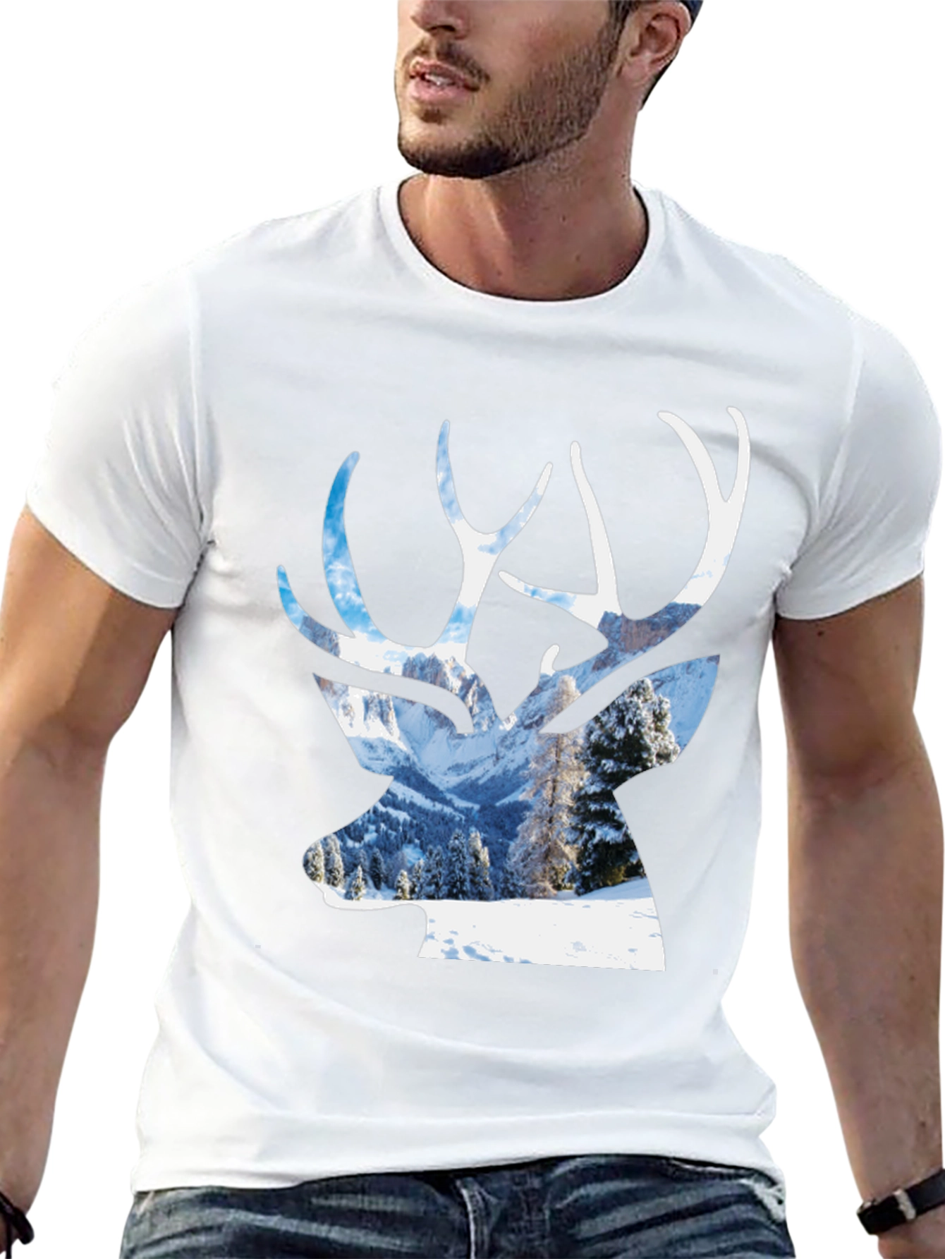 Deer Silhouette Winter Scene Graphic T-Shirt