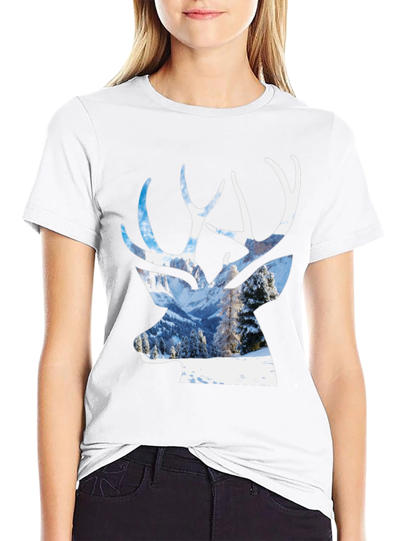 Deer Silhouette Winter Scene Graphic T-Shirt