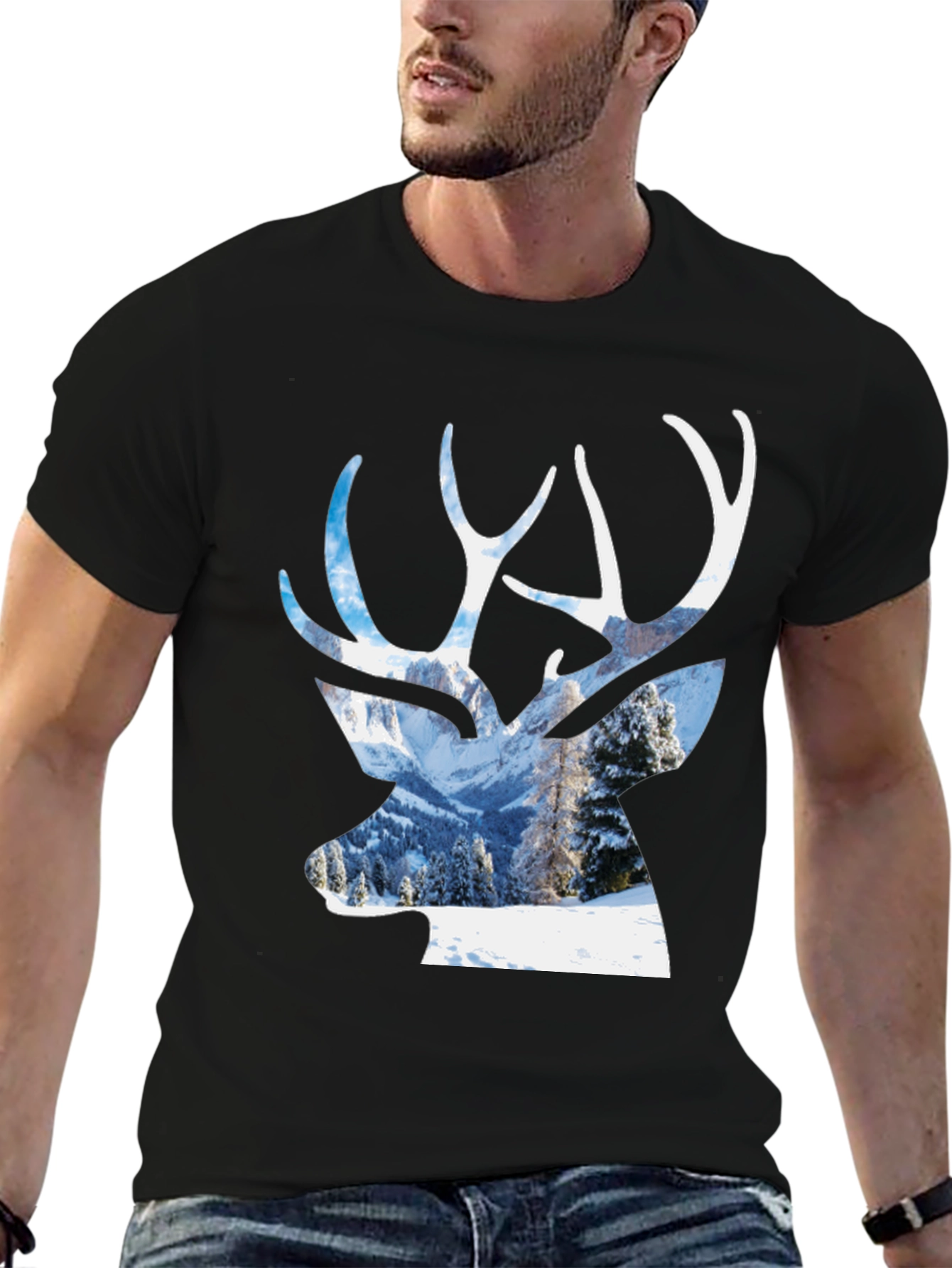 Deer Silhouette Winter Scene Graphic T-Shirt