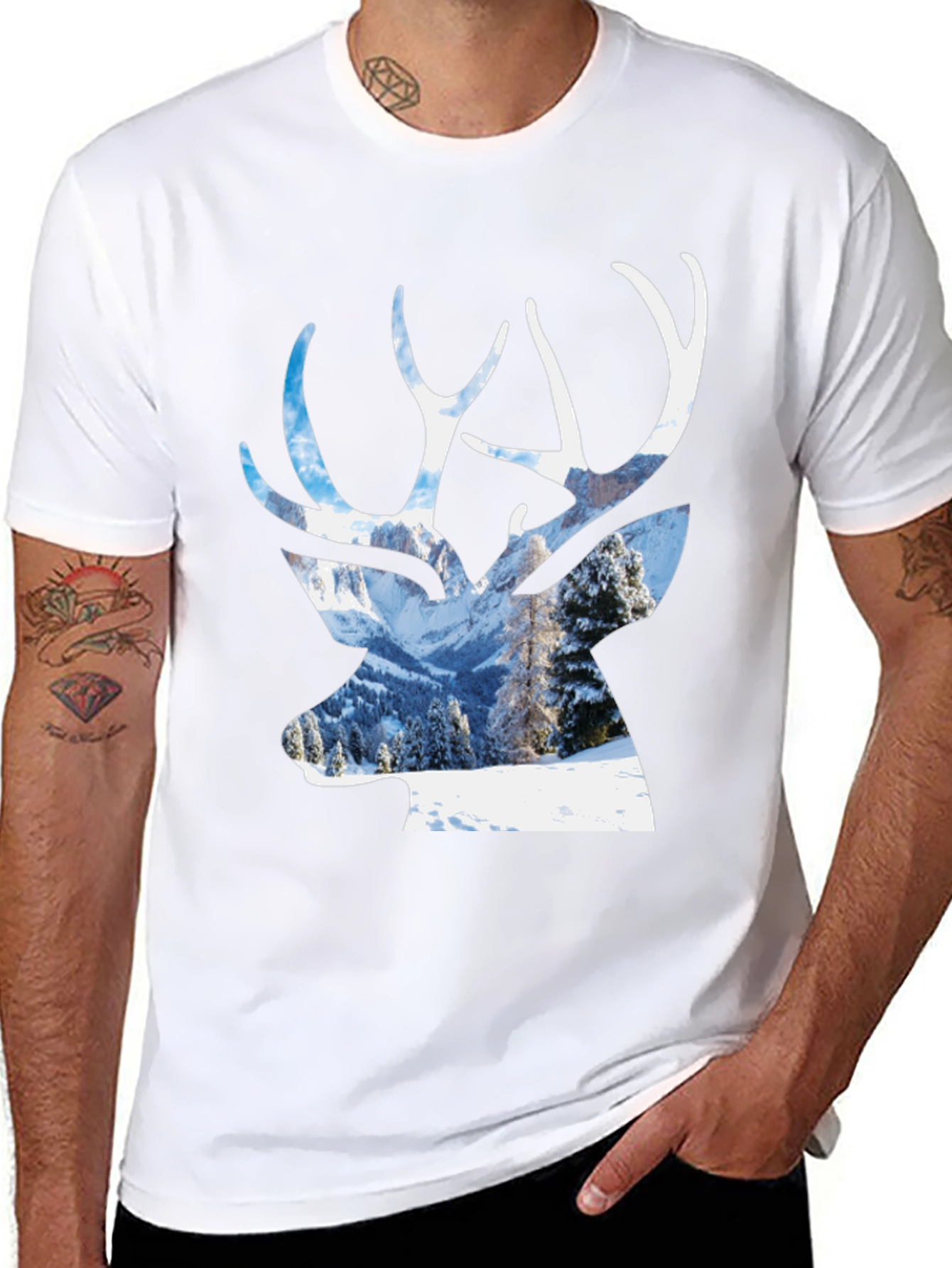Deer Silhouette Winter Scene Graphic T-Shirt