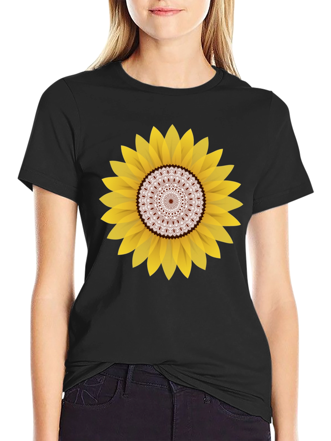 Sunflower Mandala Graphic Black T-Shirt