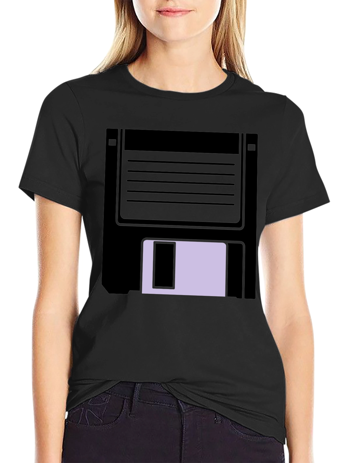 Retro Floppy Disk Graphic Tee - Black Casual T-Shirt