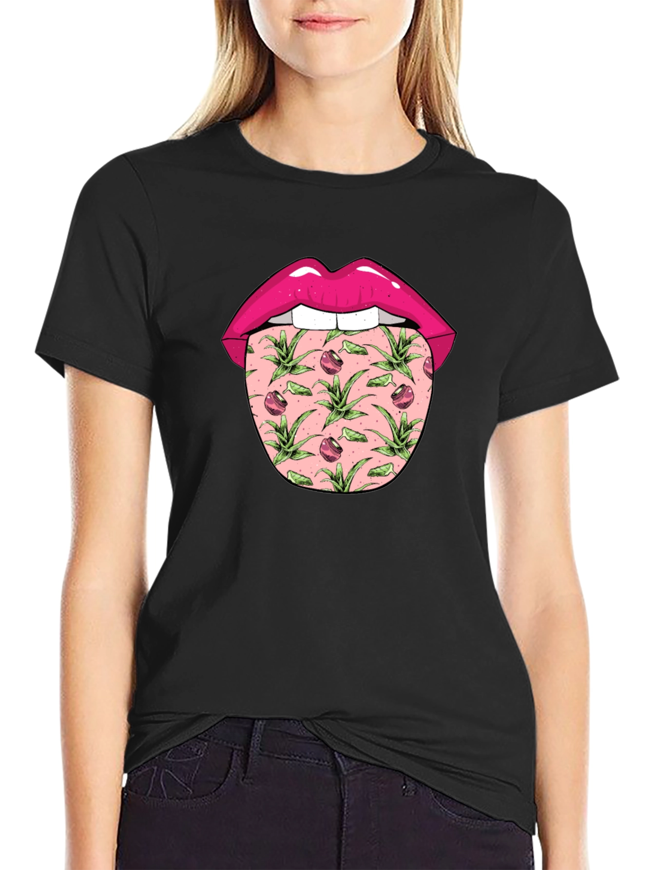 Lips & Tongue Graphic Tee - Black Cotton Blend