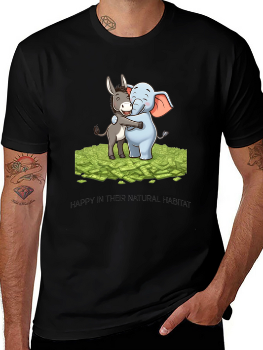 Political Animals T-Shirt - Donkey and Elephant Hugging on Cash