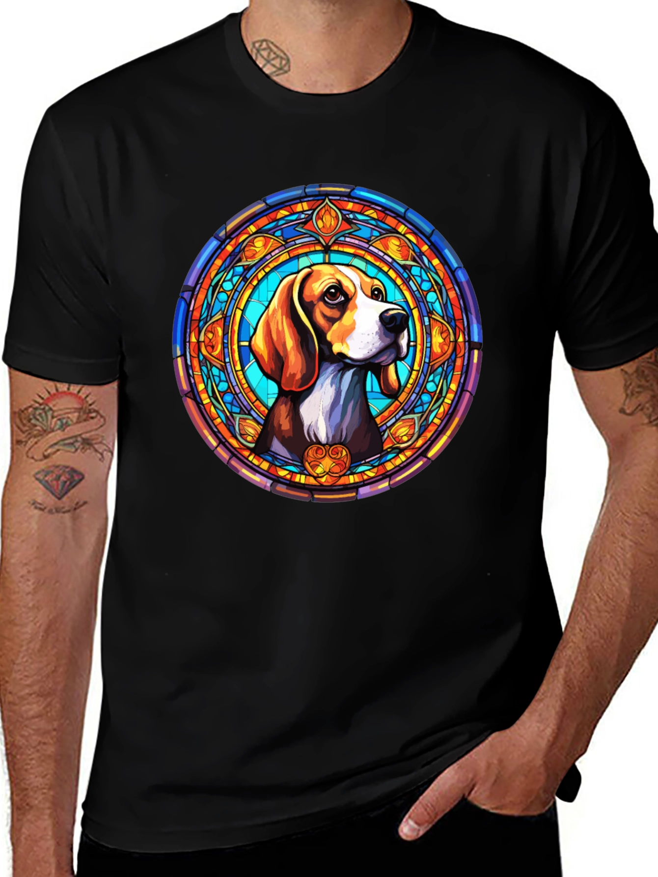 Stained Glass Beagle Dog Graphic T-Shirt