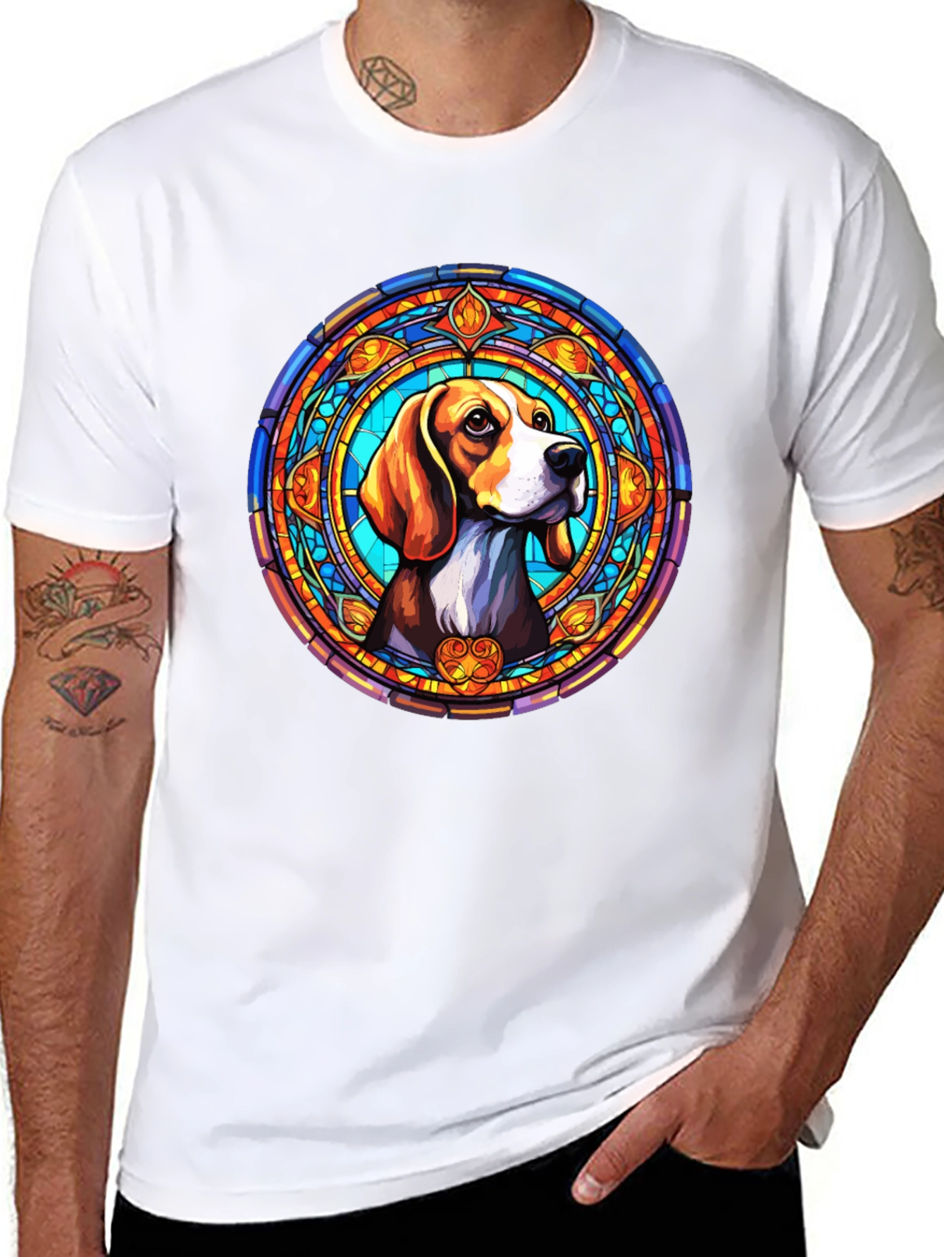 Stained Glass Beagle Dog Graphic T-Shirt