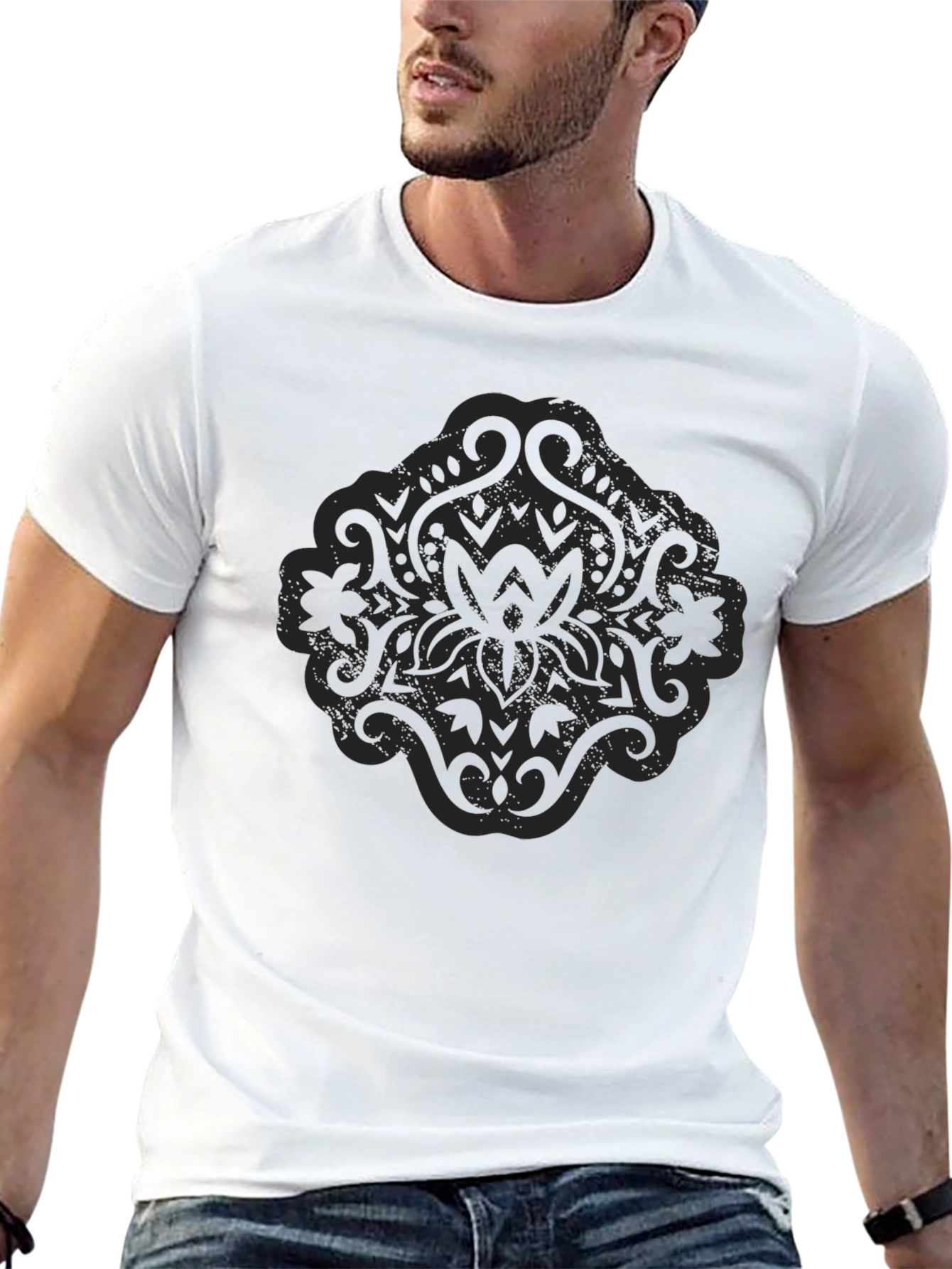 Black T-Shirt with Lotus Style Graphic Design