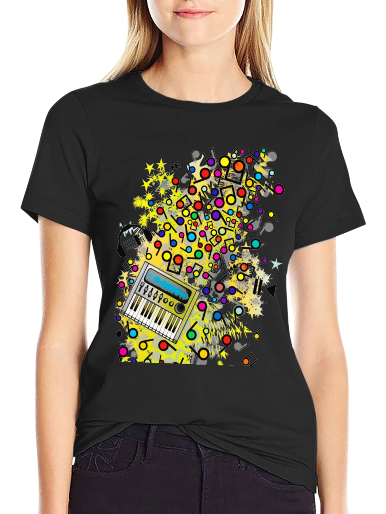Music Keyboard Graphic Print Mens Black T-Shirt