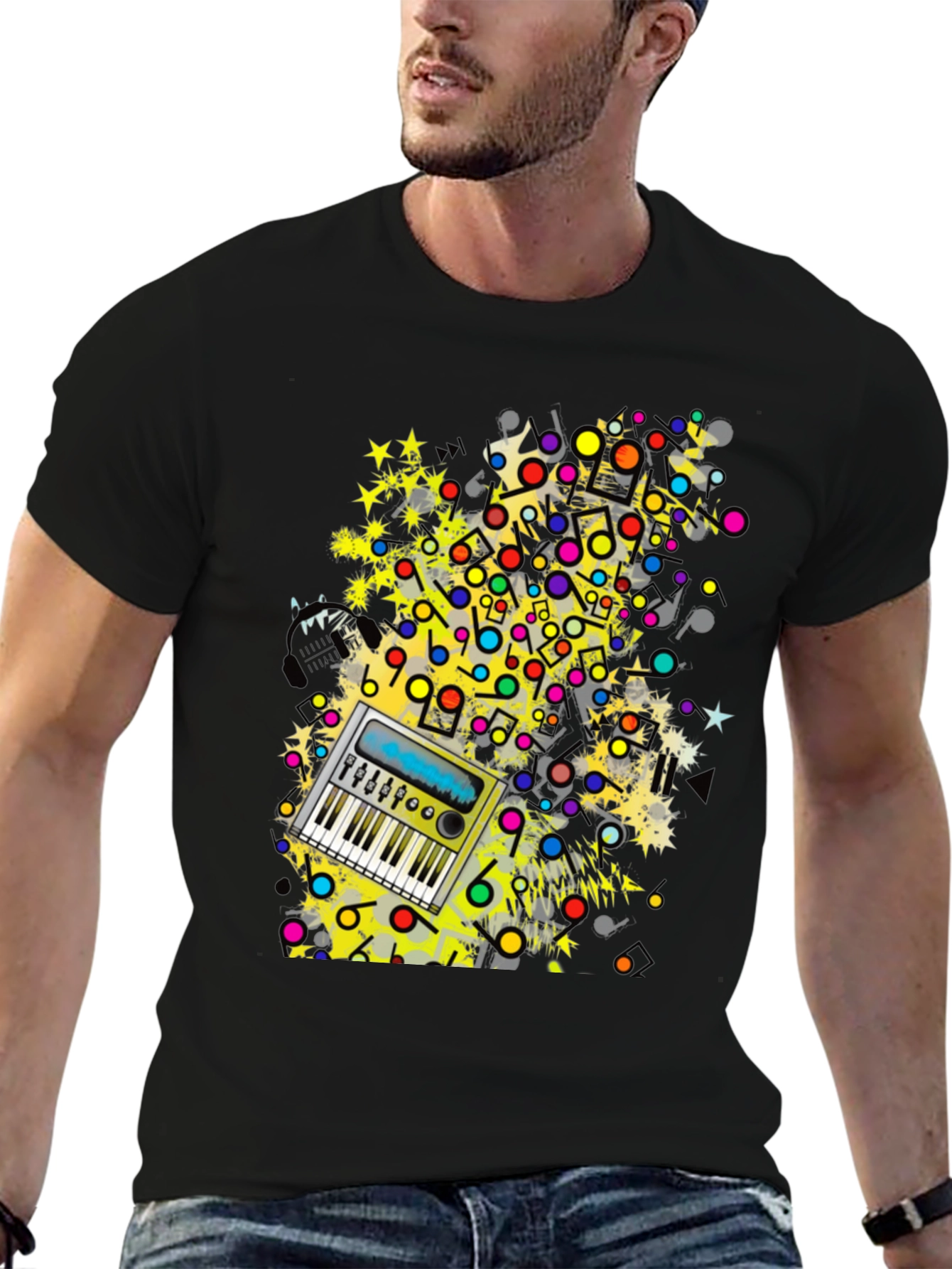 Music Keyboard Graphic Print Mens Black T-Shirt