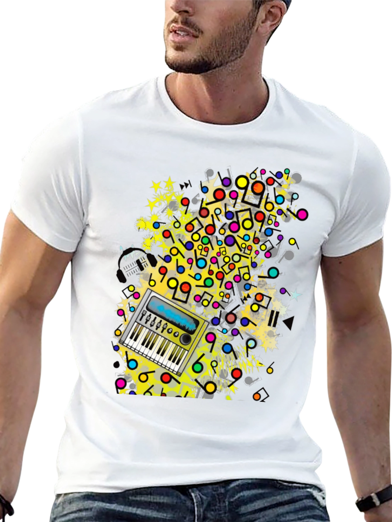 Music Keyboard Graphic Print Mens Black T-Shirt