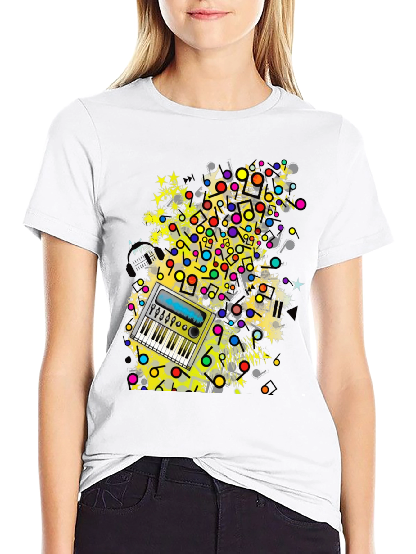 Music Keyboard Graphic Print Mens Black T-Shirt
