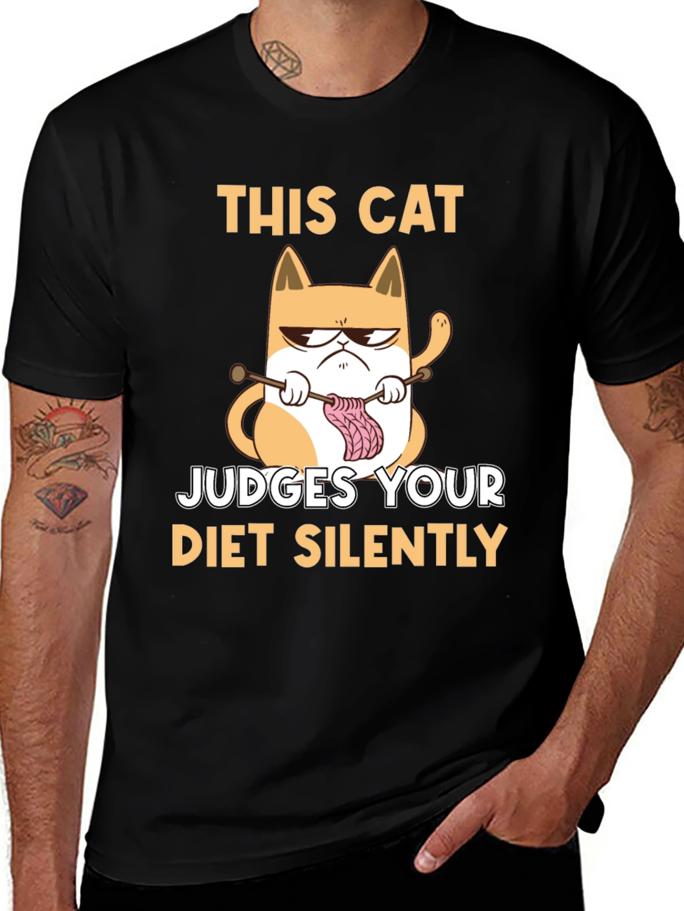 Funny Cat Knitter T-Shirt - Judges Your Diet Silently
