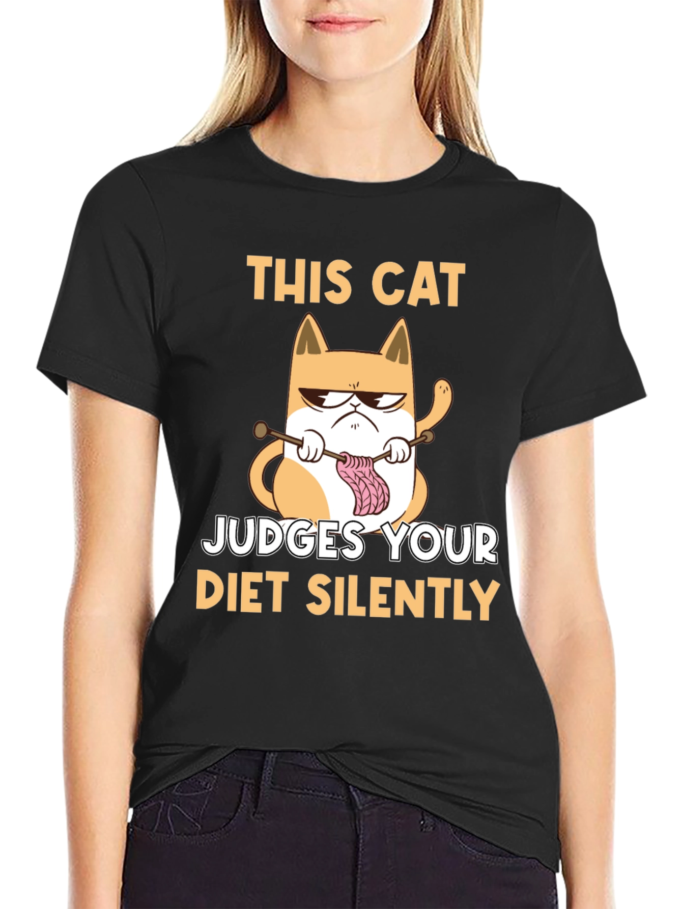 Funny Cat Knitter T-Shirt - Judges Your Diet Silently