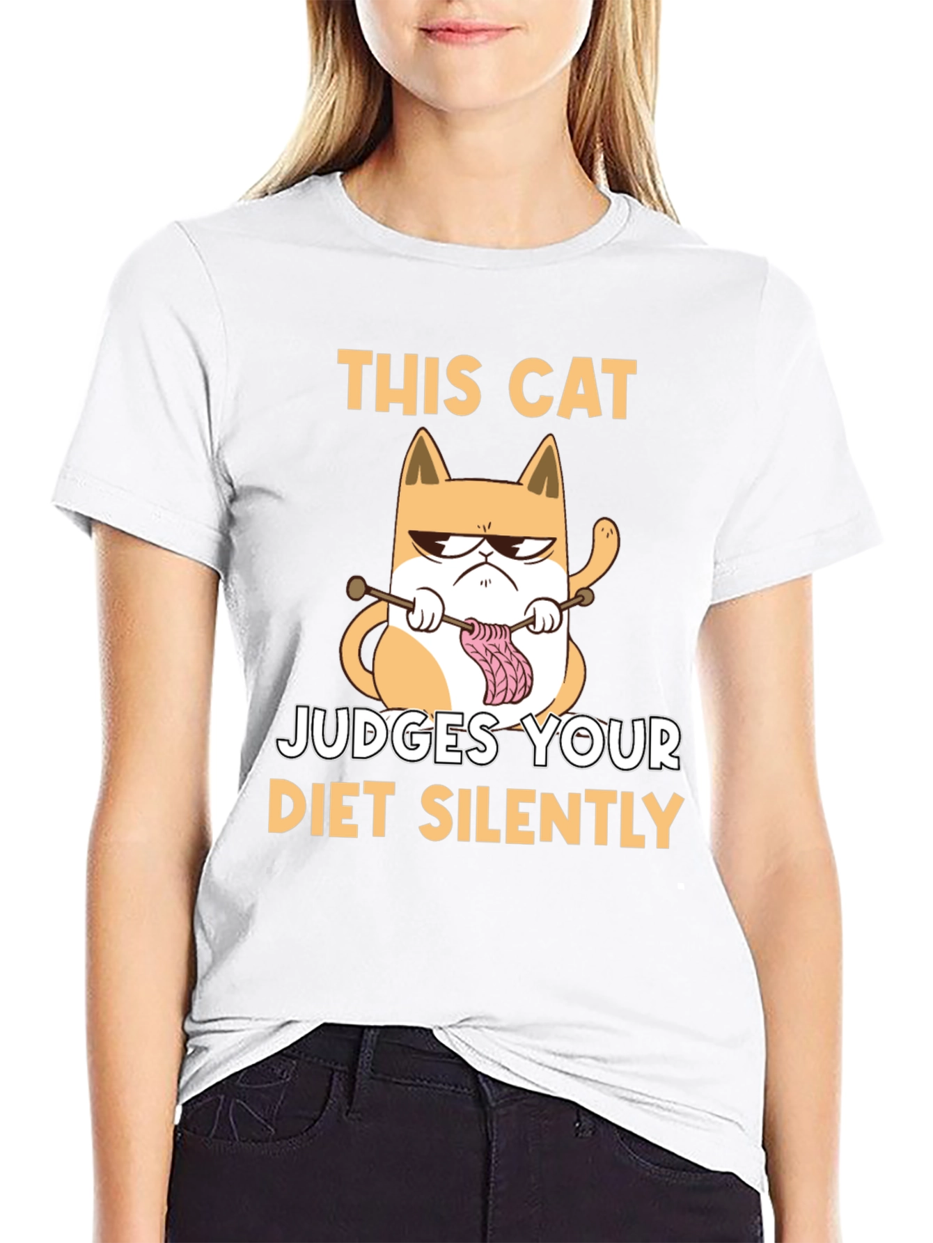 Funny Cat Knitter T-Shirt - Judges Your Diet Silently