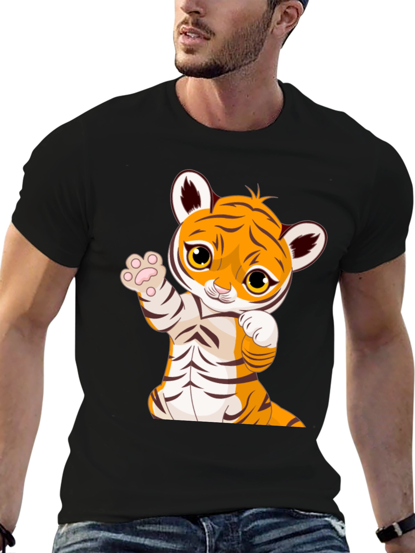 Cute Tiger Graphic Print Black T-Shirt