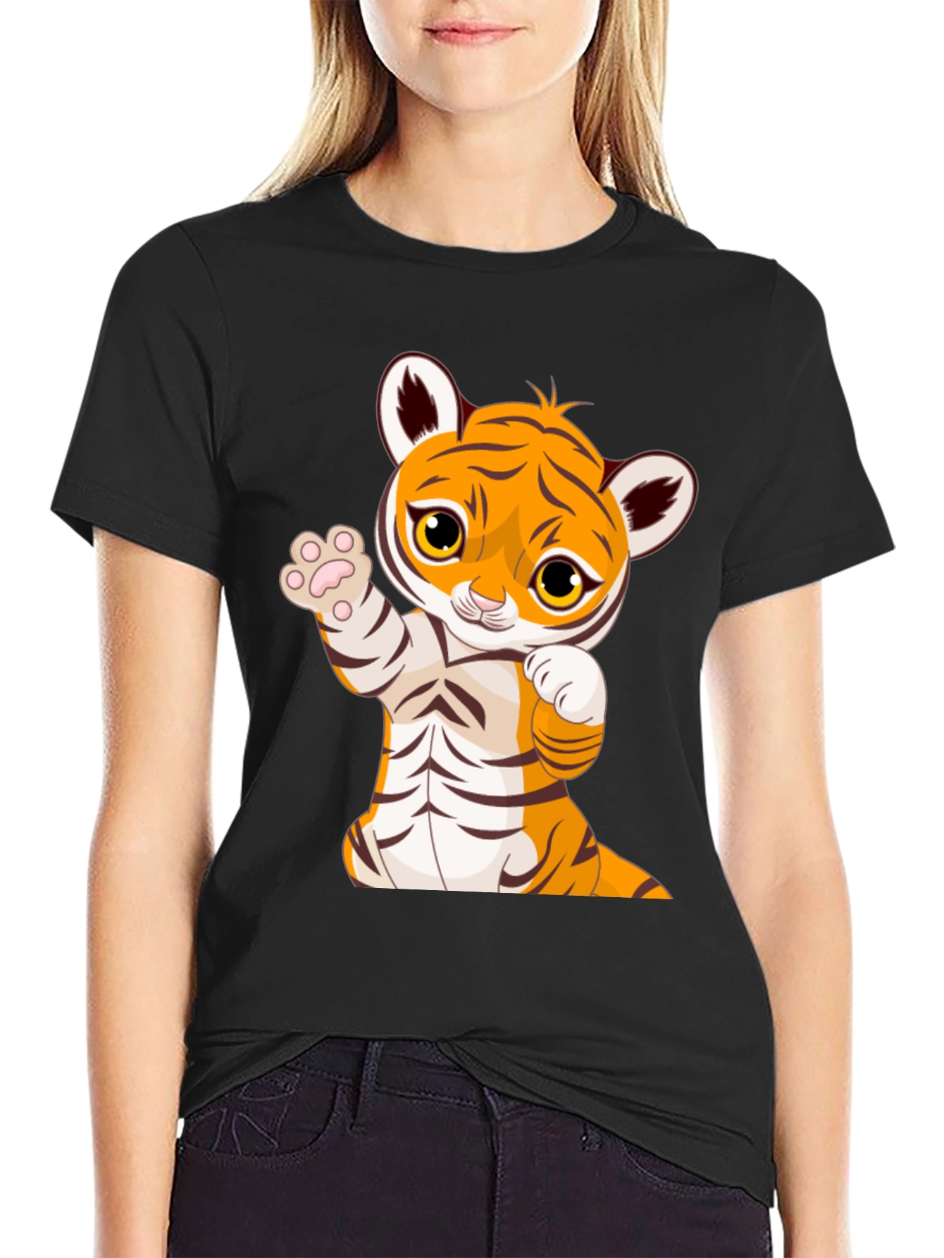 Cute Tiger Graphic Print Black T-Shirt