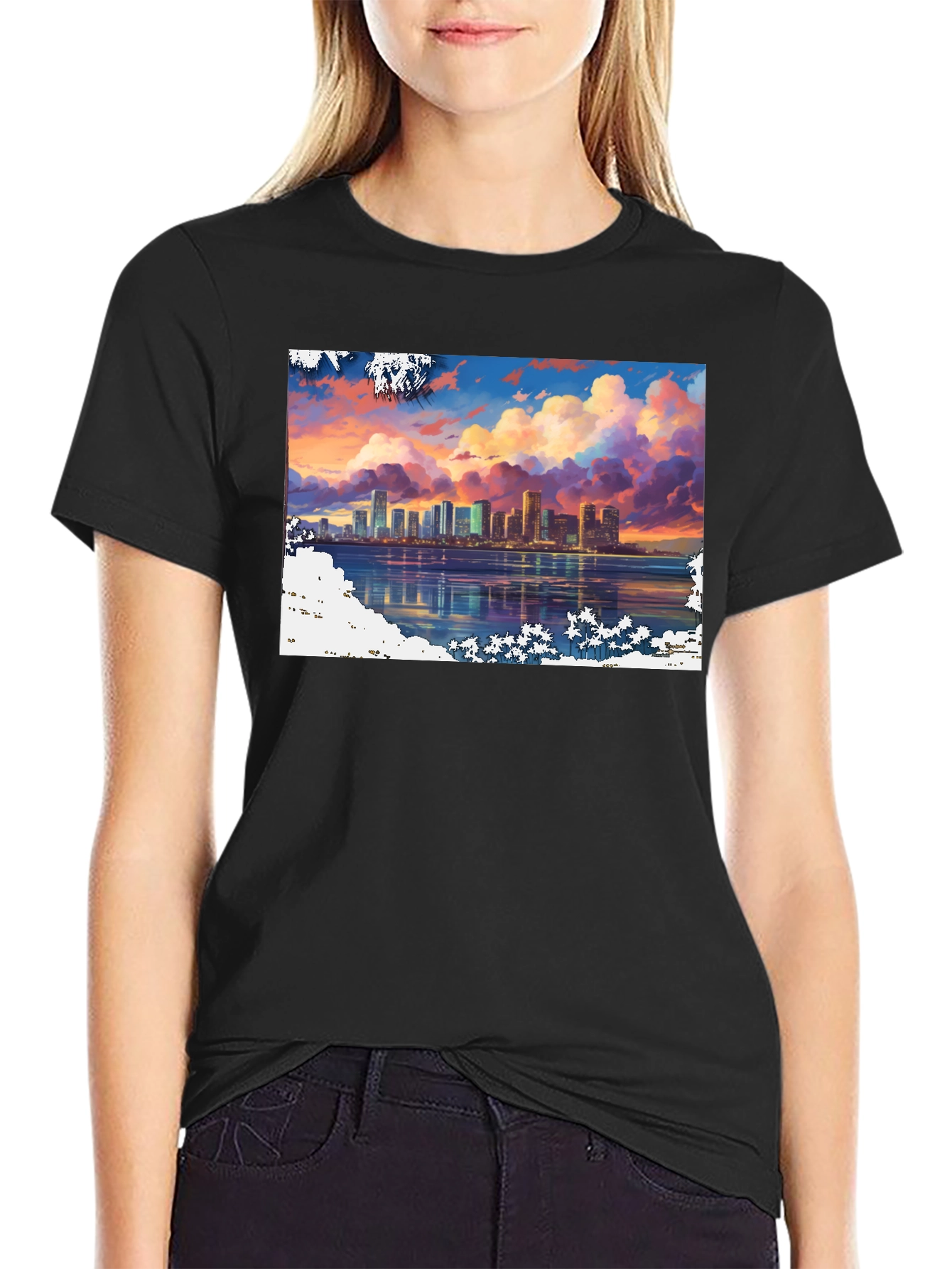 Cityscape Sunset Graphic Tee - Stylish Black T-Shirt