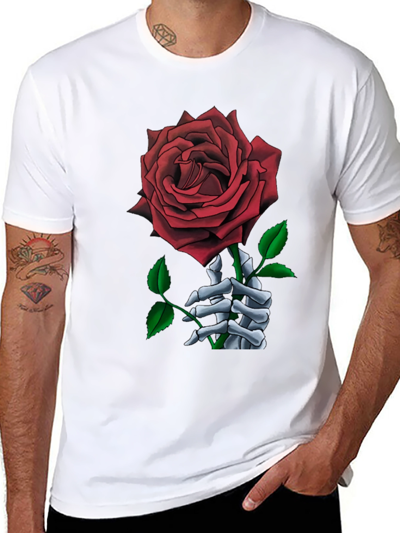 Rose and Skeleton Hand Black T-Shirt