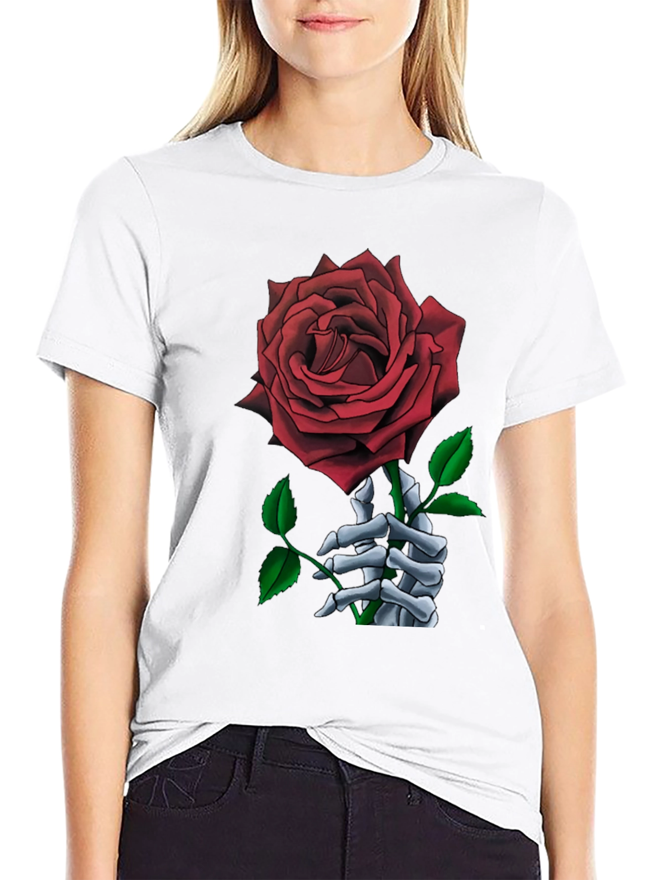 Rose and Skeleton Hand Black T-Shirt