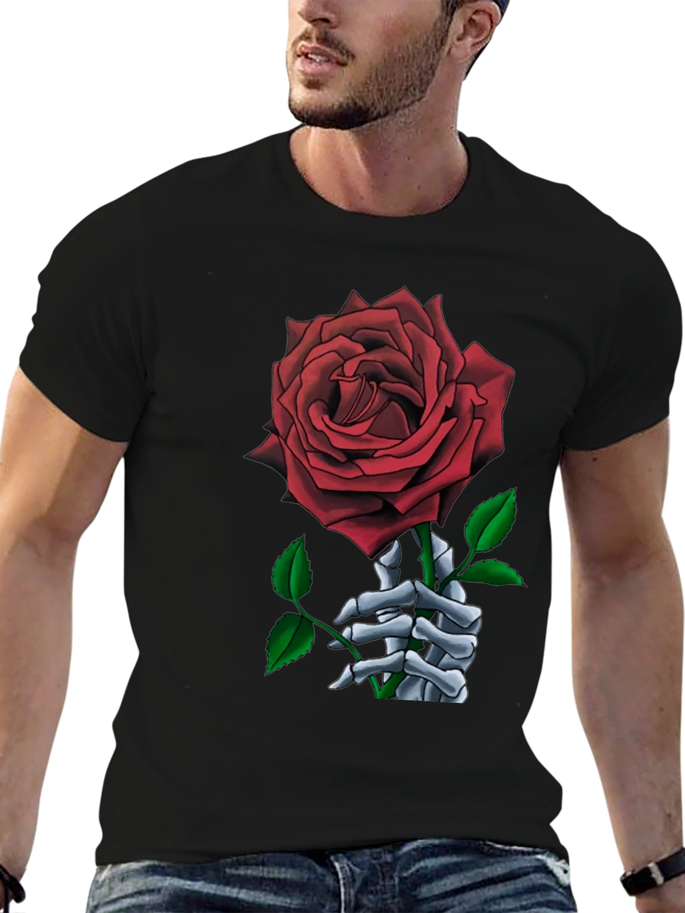 Rose and Skeleton Hand Black T-Shirt