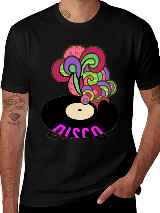 Retro Disco Record Graphic Tee - Black Cotton Blend