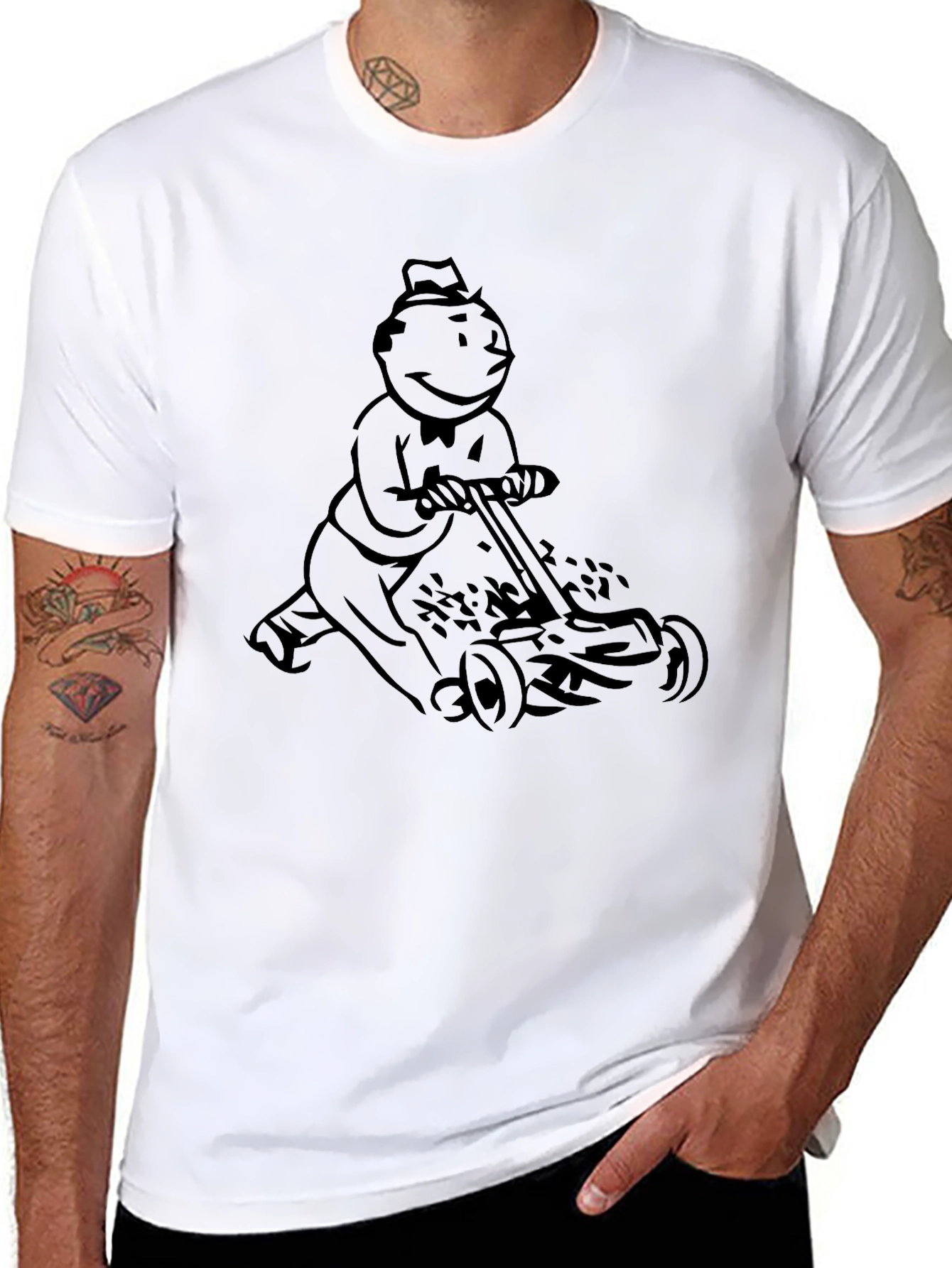 Monopoly Man Mowing T-Shirt - Black Graphic Tee