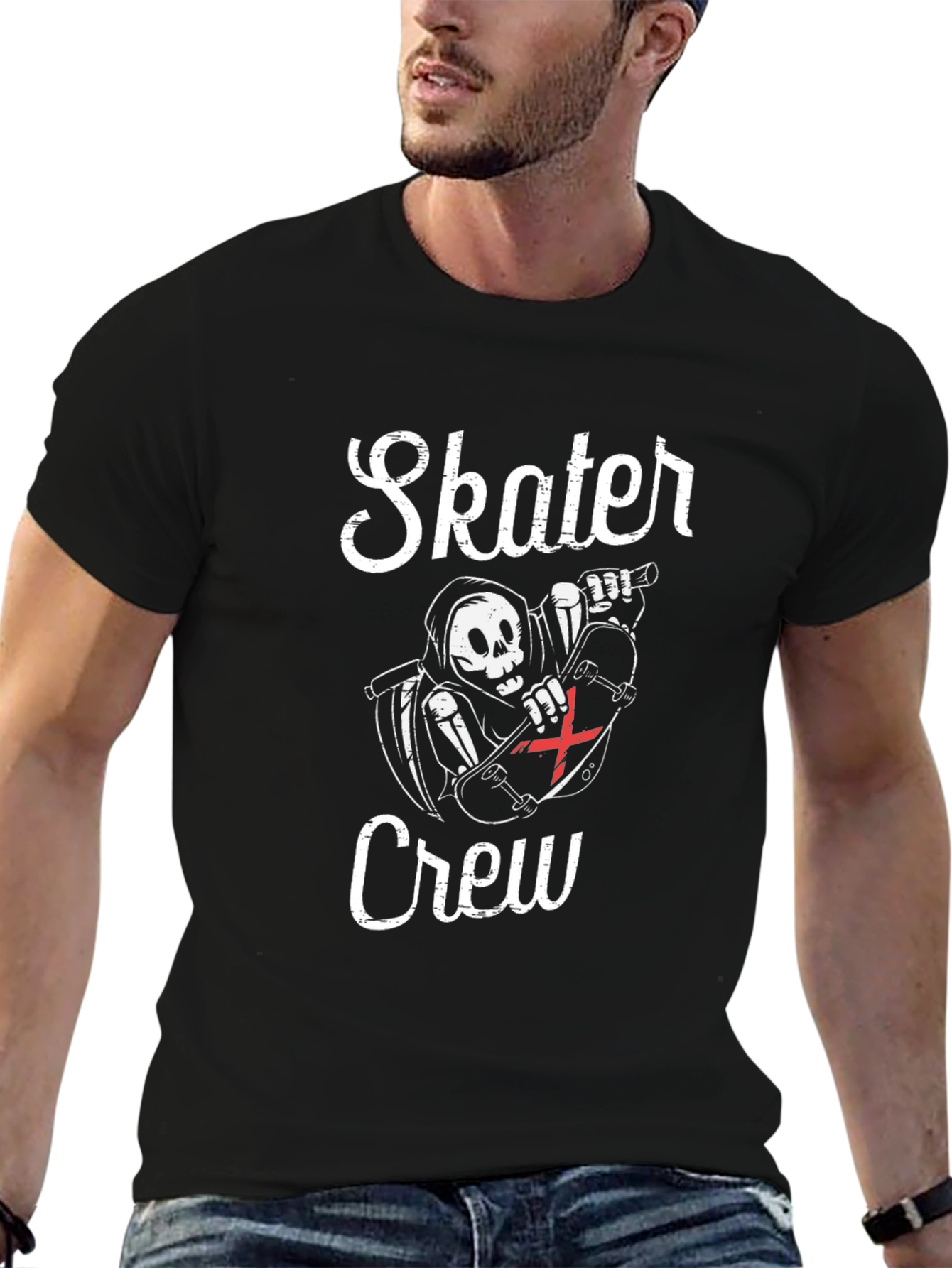 Skater Crew T-Shirt - Grim Reaper Skateboard Design