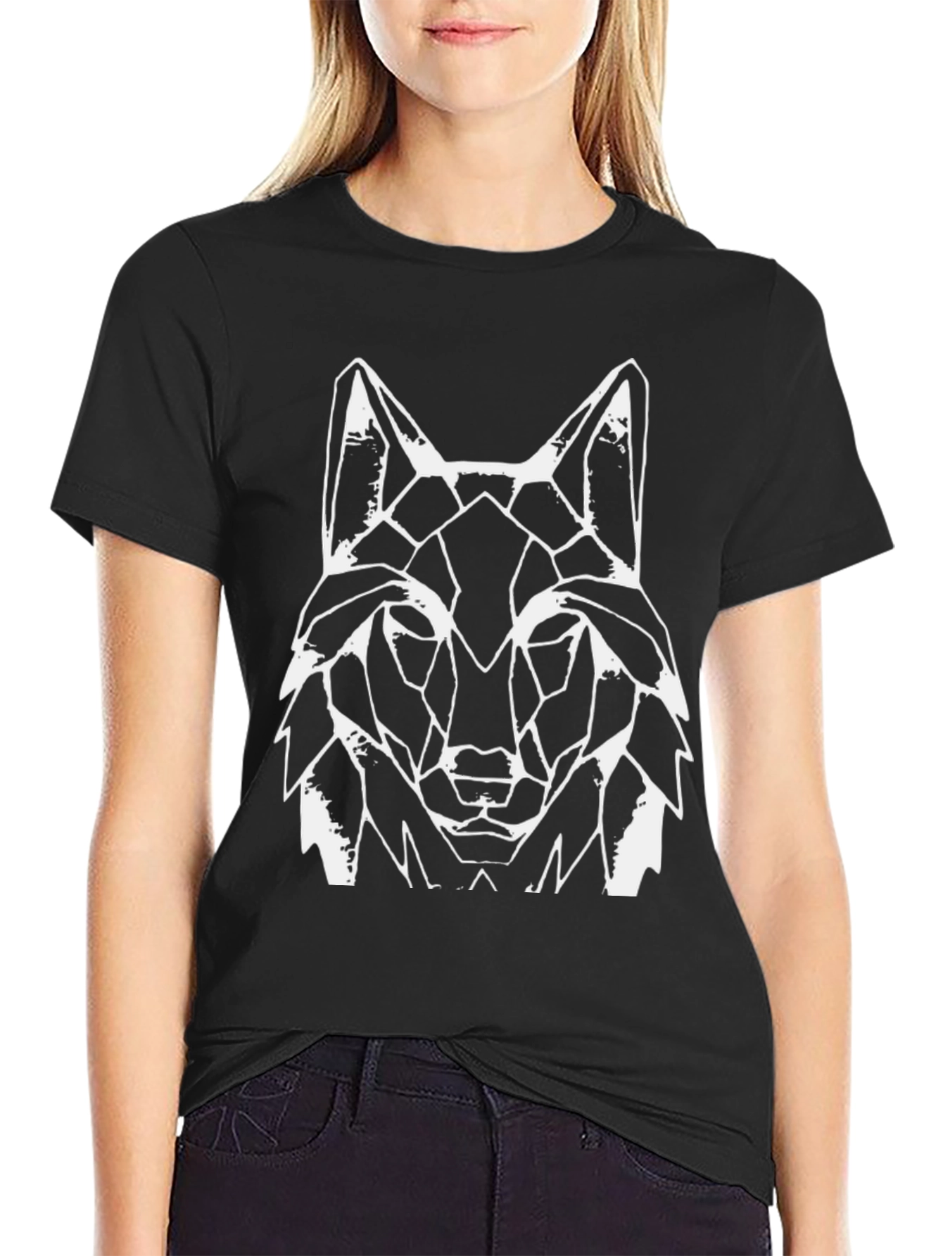 Geometric Wolf Graphic Tee - Black Cotton Blend