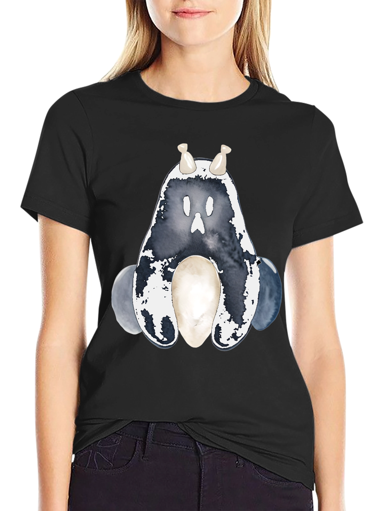 Ghostly Cute Creature Graphic Tee - Black