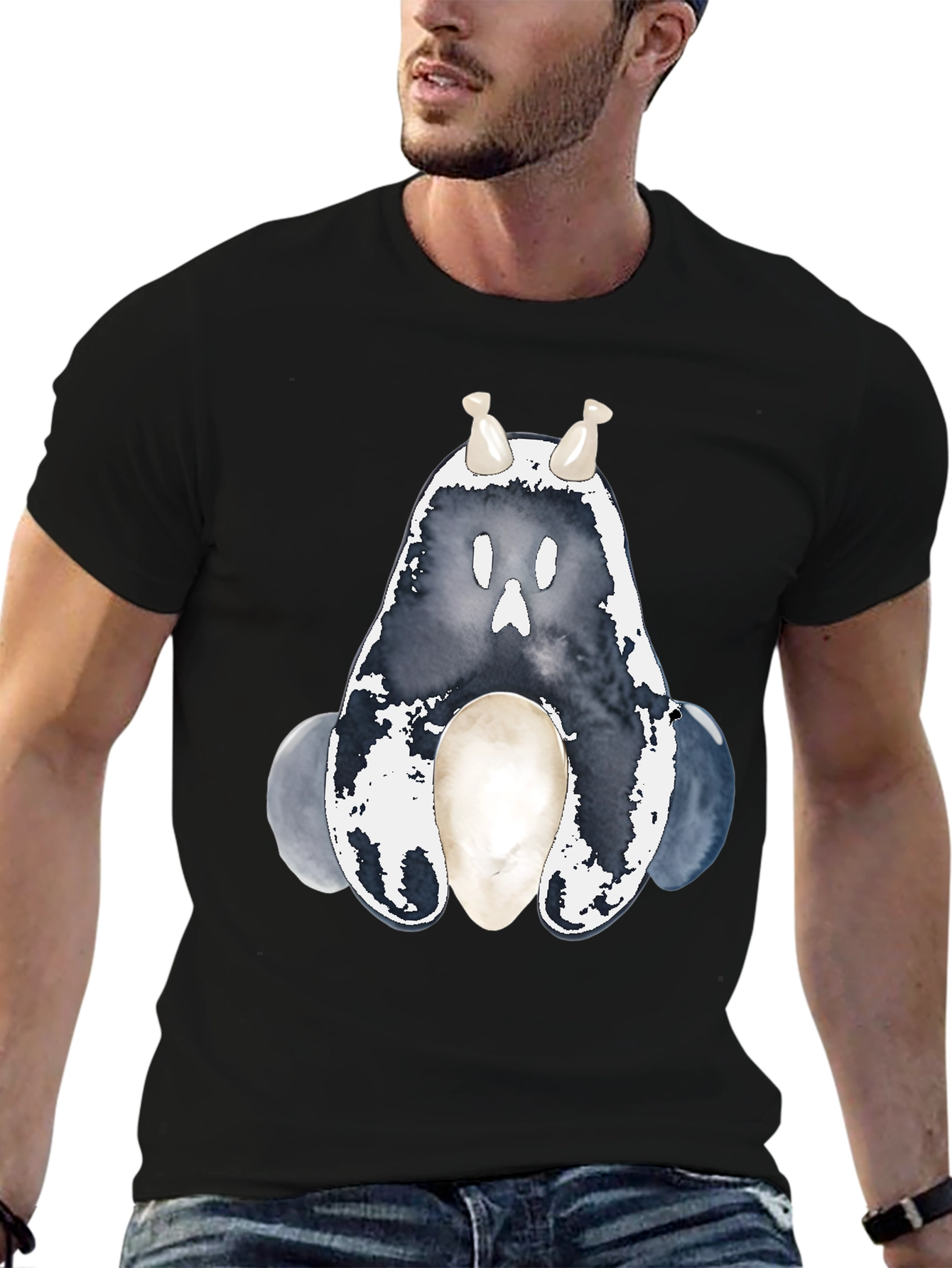 Ghostly Cute Creature Graphic Tee - Black