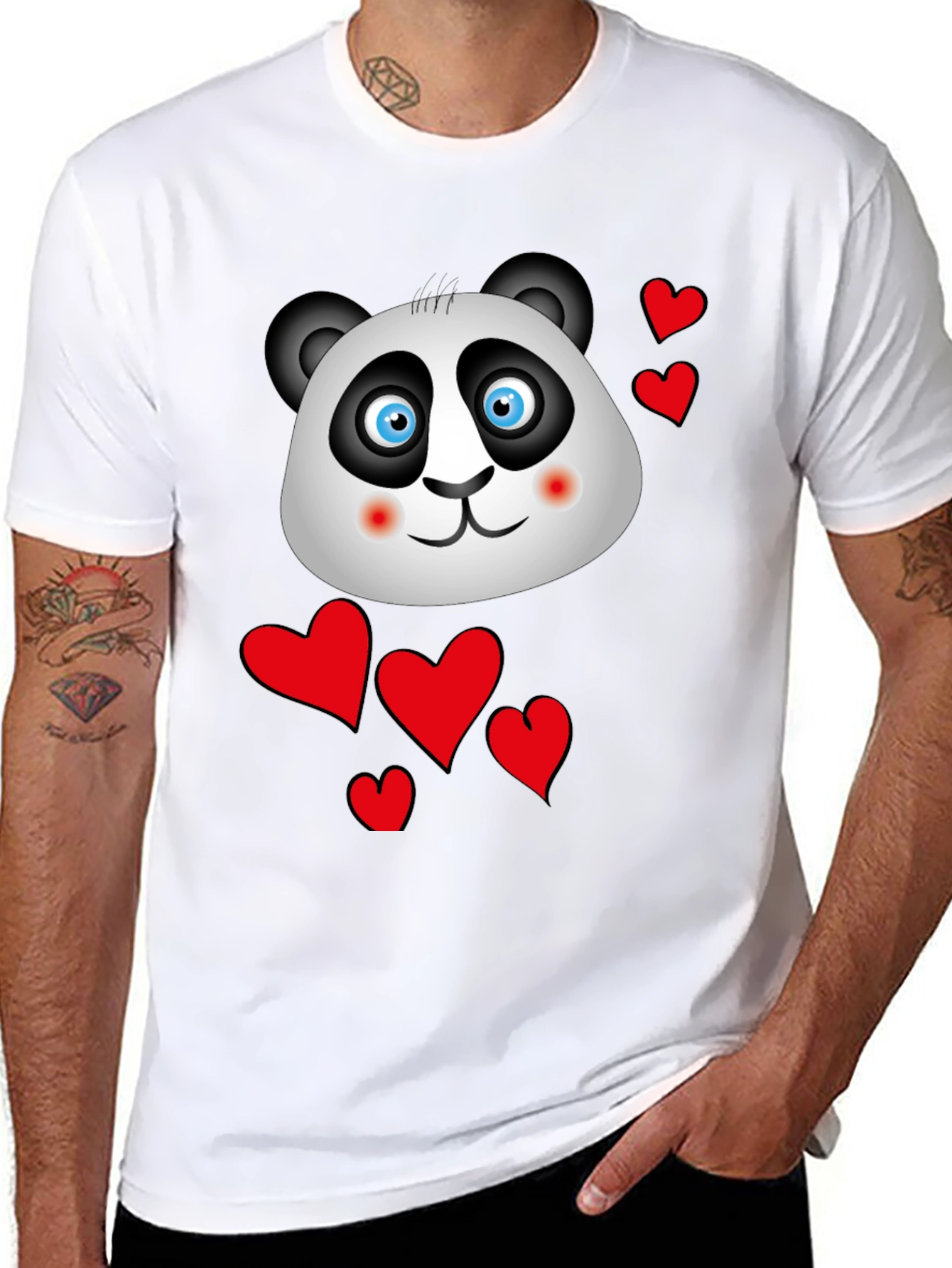 Cute Panda & Hearts Graphic Tee - Black