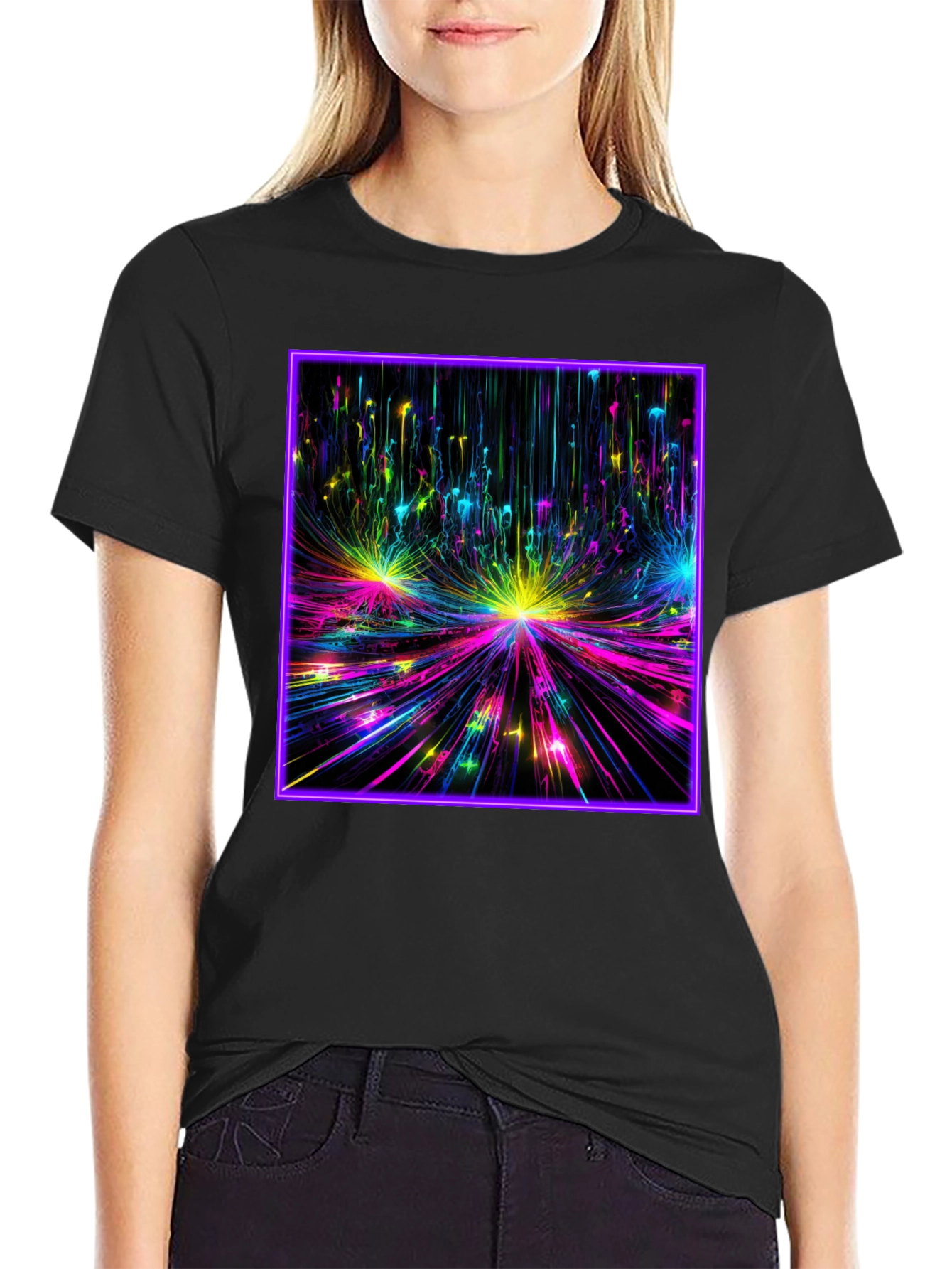 Abstract Neon Burst Graphic Tee - Black