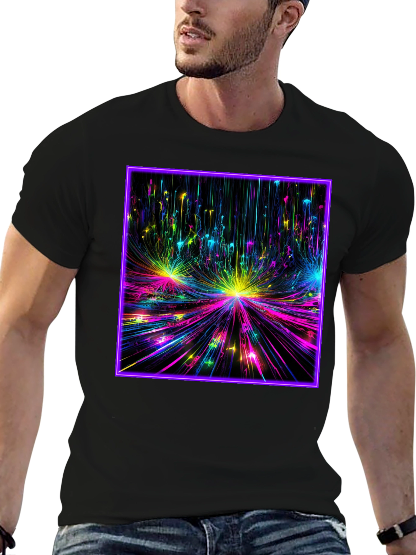 Abstract Neon Burst Graphic Tee - Black