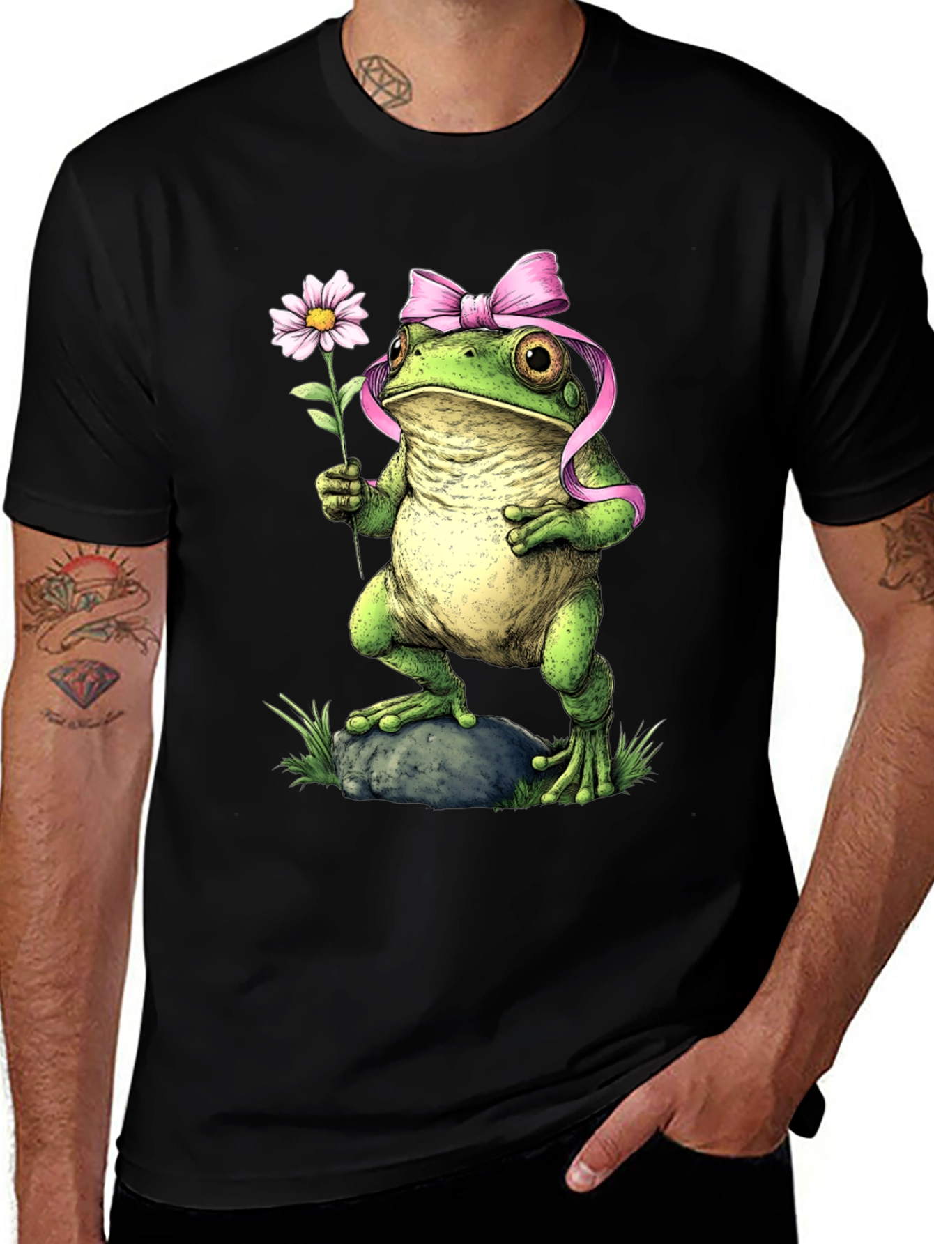 Frog With Flower Black T-Shirt