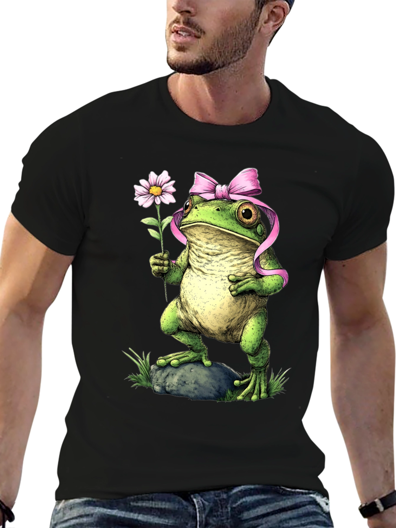 Frog With Flower Black T-Shirt