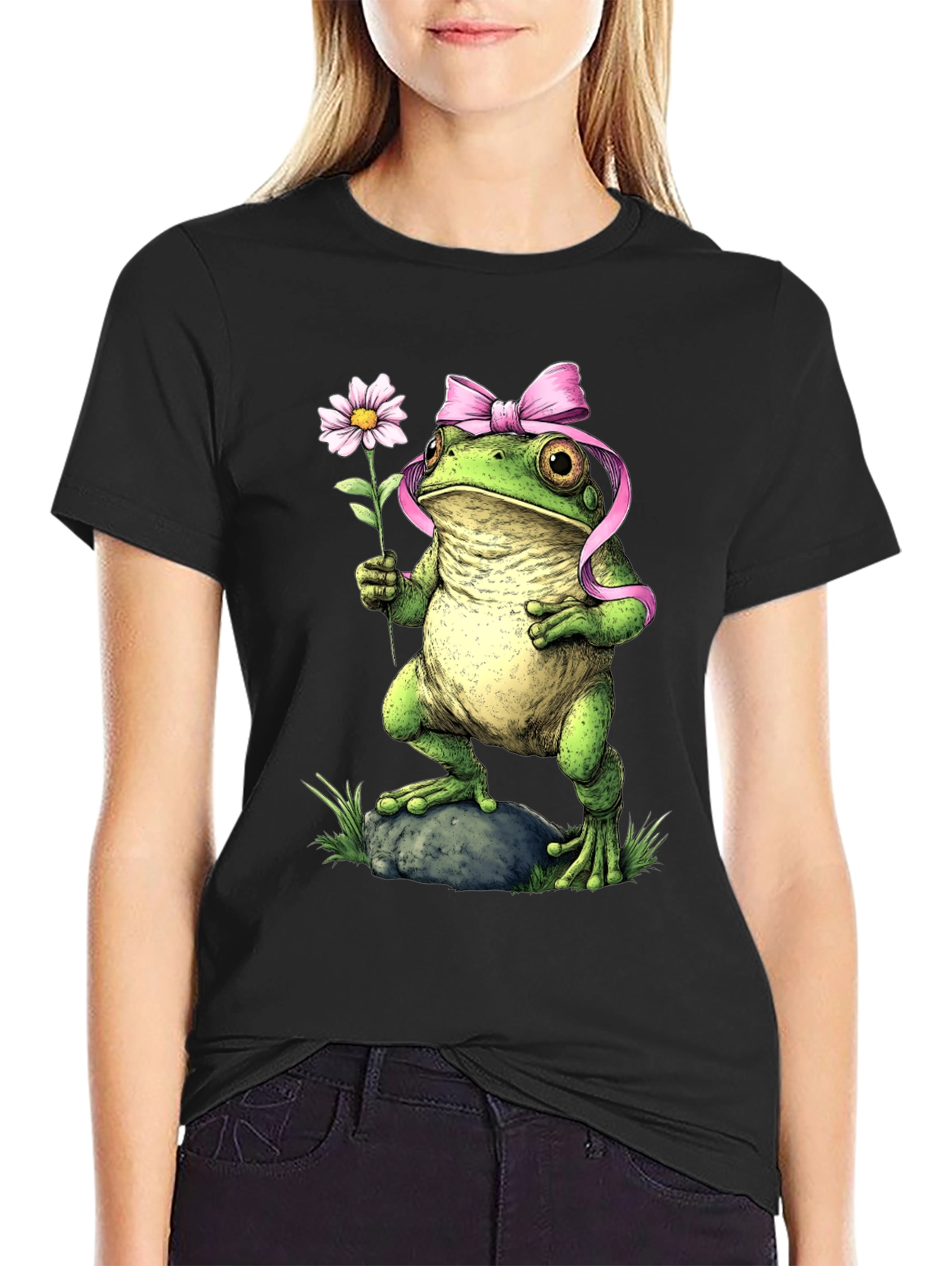 Frog With Flower Black T-Shirt
