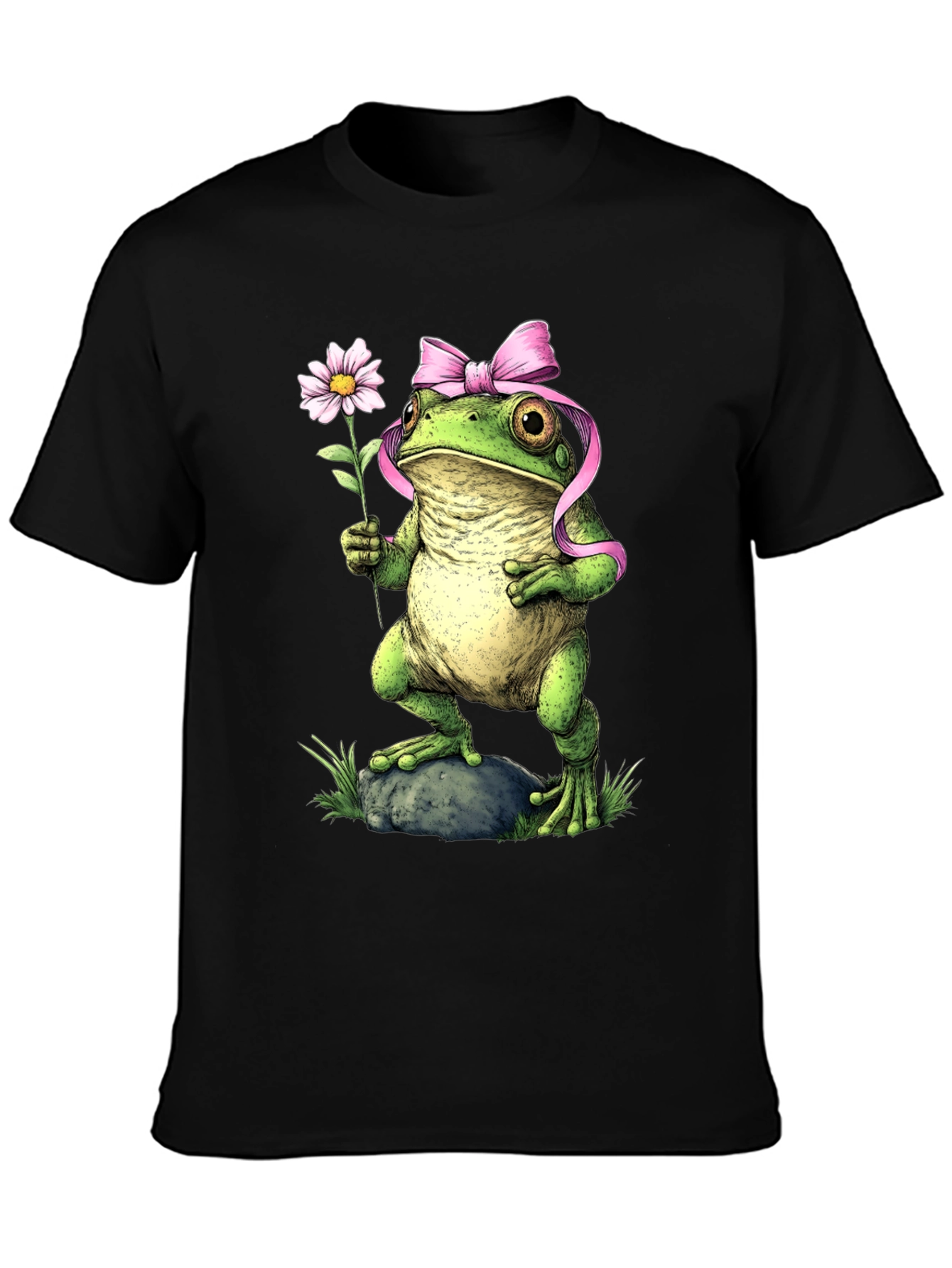 Frog With Flower Black T-Shirt