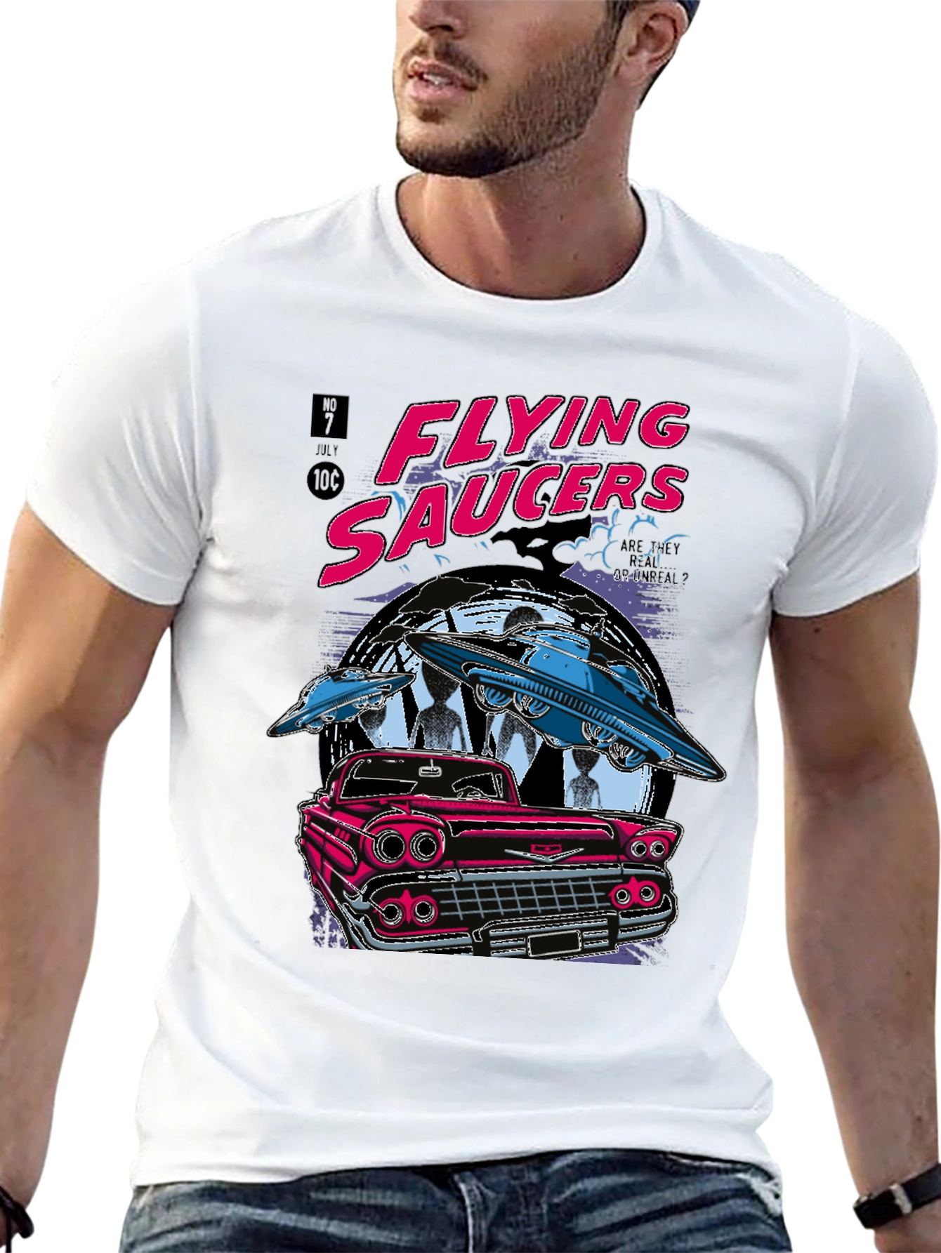 Flying Saucers Retro Graphic Tee - Sci-Fi Car T-Shirt